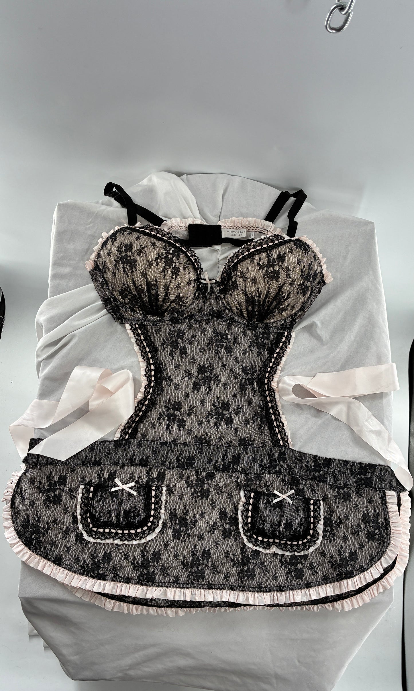 Victoria’s Secret Black Lace Apron Style Camisole Lingerie with Bow Back Ribbon (36D)