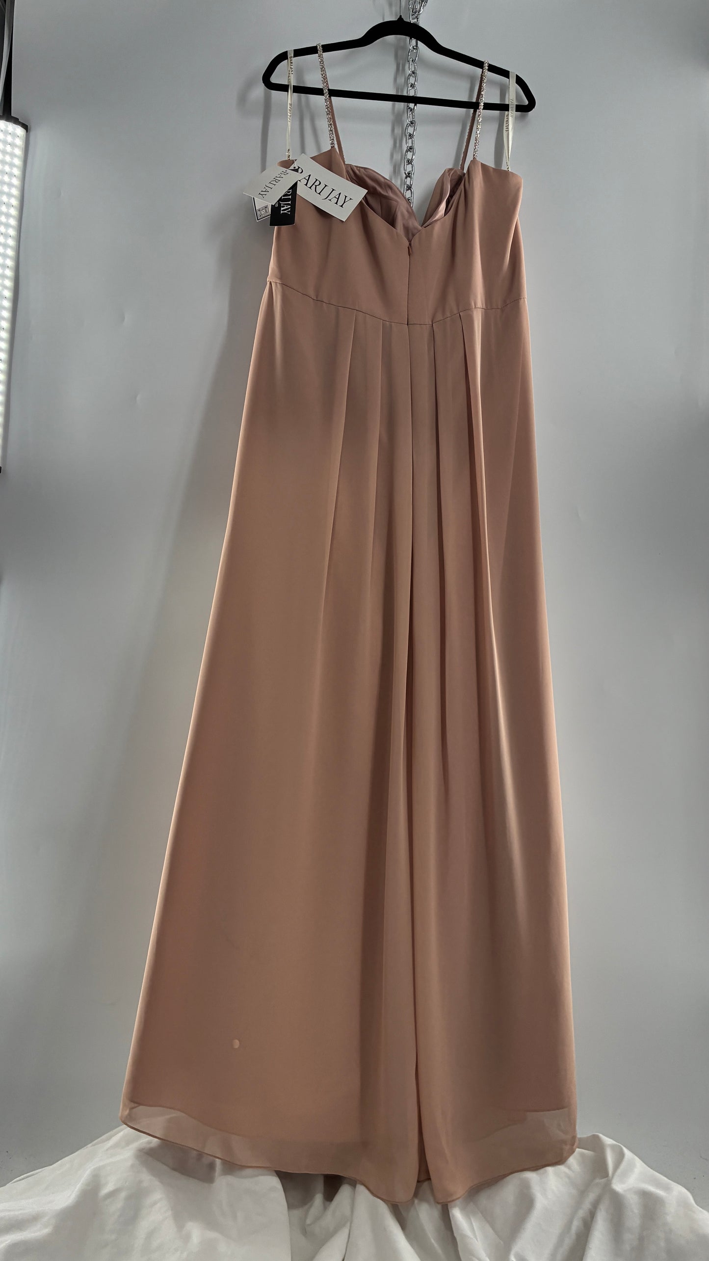 Vintage BARI JAY Nude/Blush Pink Full Length Dress with Embellished Straps and Side Slit Detail (16W)