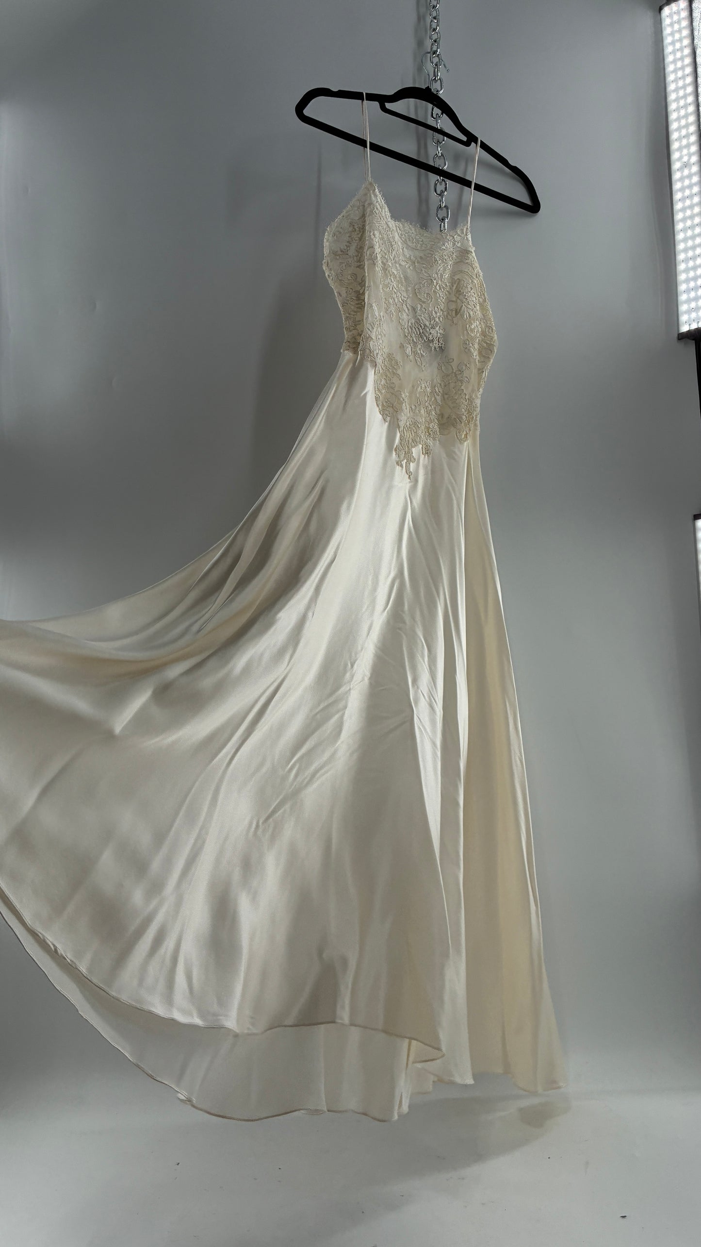 Vintage JONQUIL 100% Silk Gown with Heavy Lace Appliqués and Low Cut Sheer Back (Medium)
