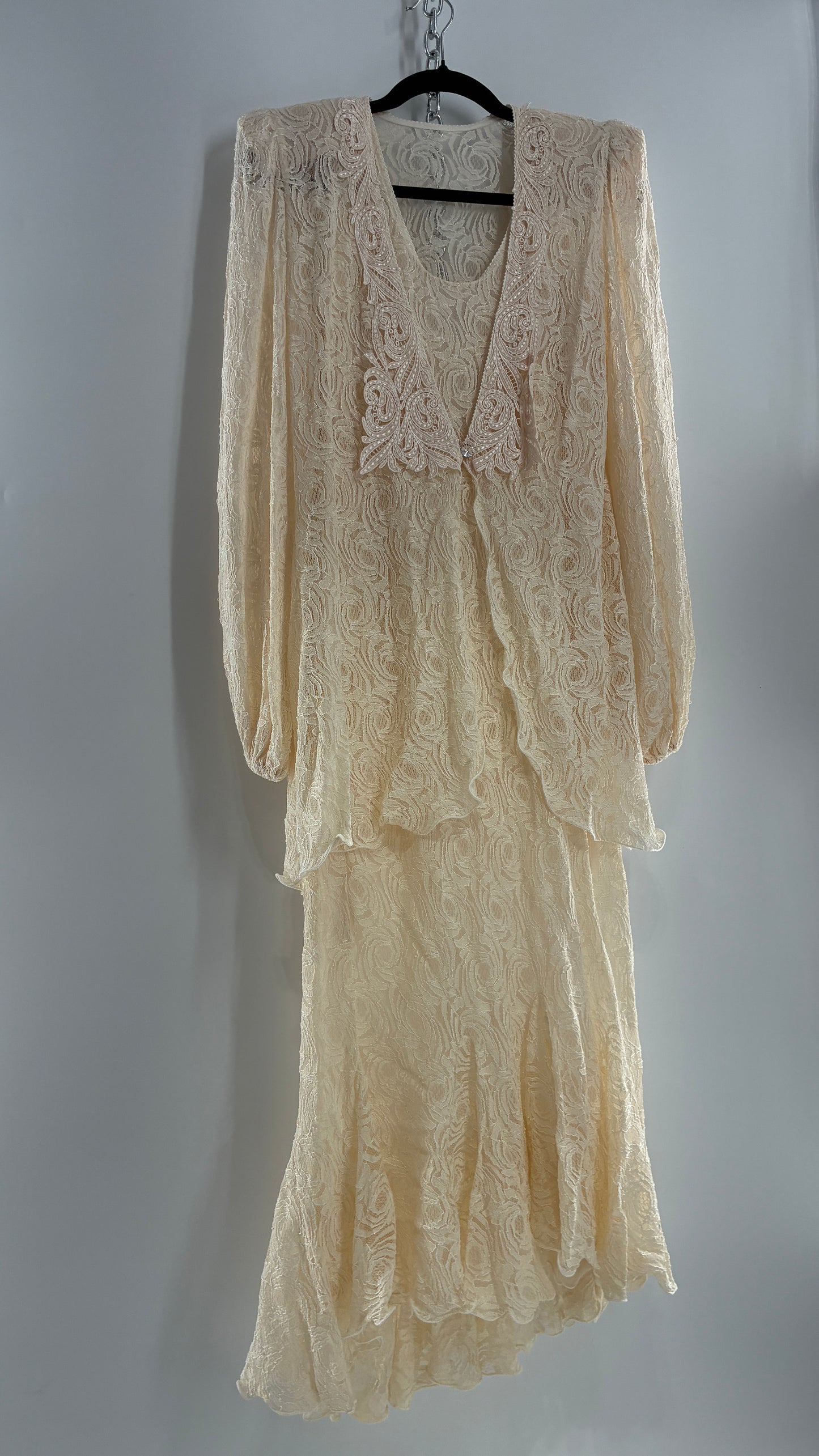 Vintage SARA MIQUE New York Off White Maxi Dress and Balloon Sleeve Cardigan Set (M)