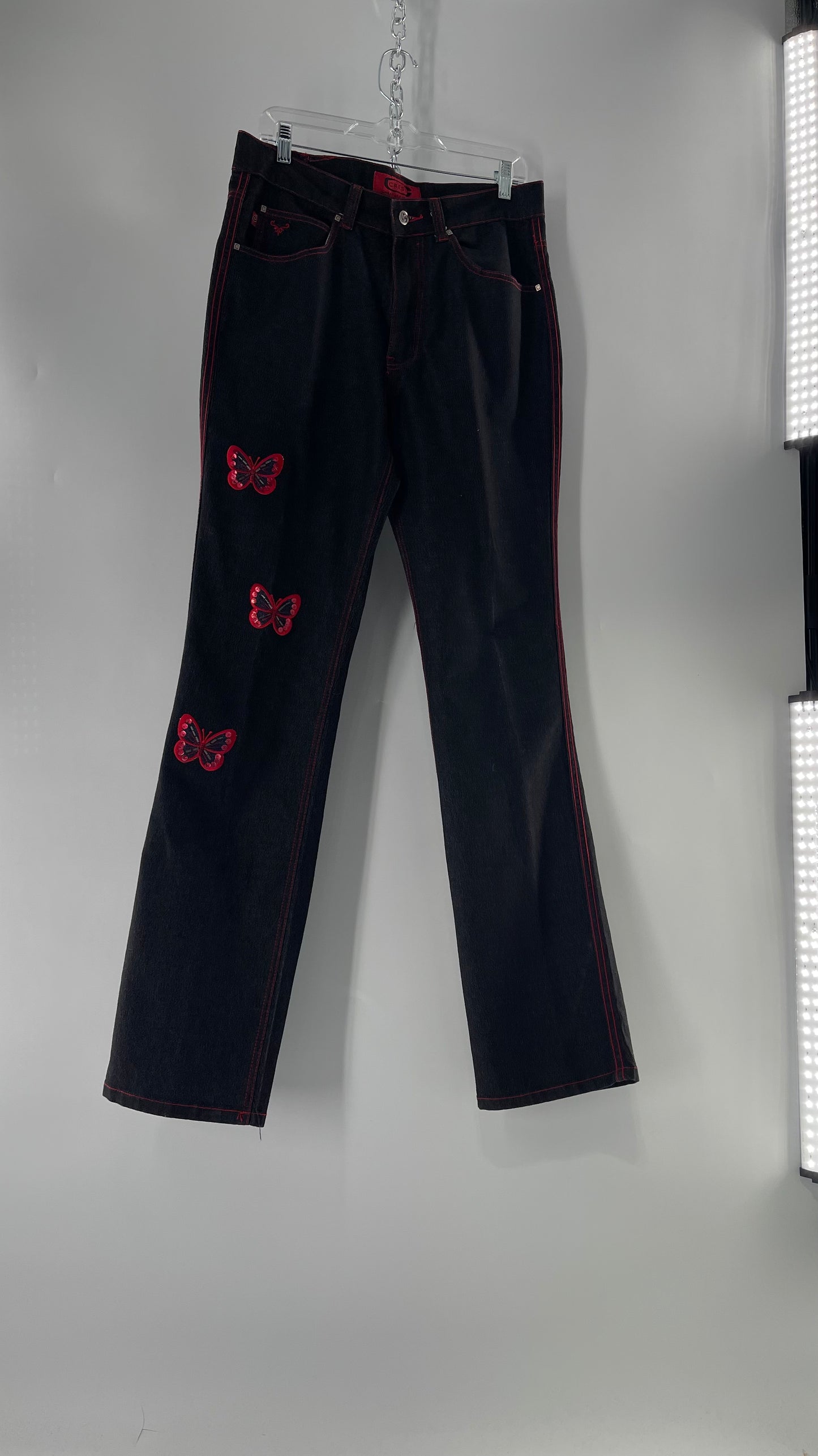Rare Vintage Black Crest Jeans with Red Contrast Stitching and Butterfly Embroidery on Thigh and Back Pockets (14)