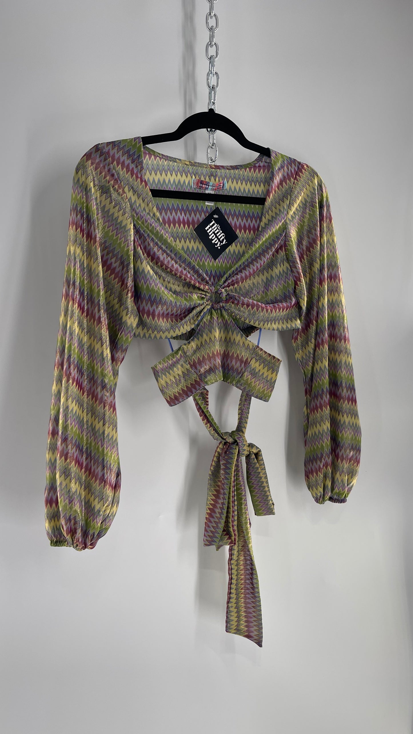 Urban Outfitters Shimmer Top Balloon Sleeve Green Purple Retro Print Cut Out Tie Around Blouse (XS)