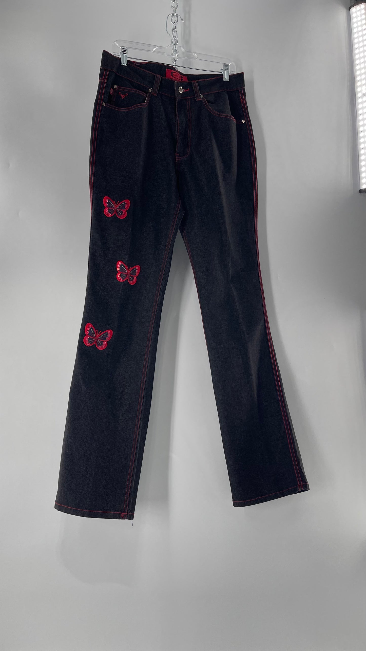 Rare Vintage Black Crest Jeans with Red Contrast Stitching and Butterfly Embroidery on Thigh and Back Pockets (14)