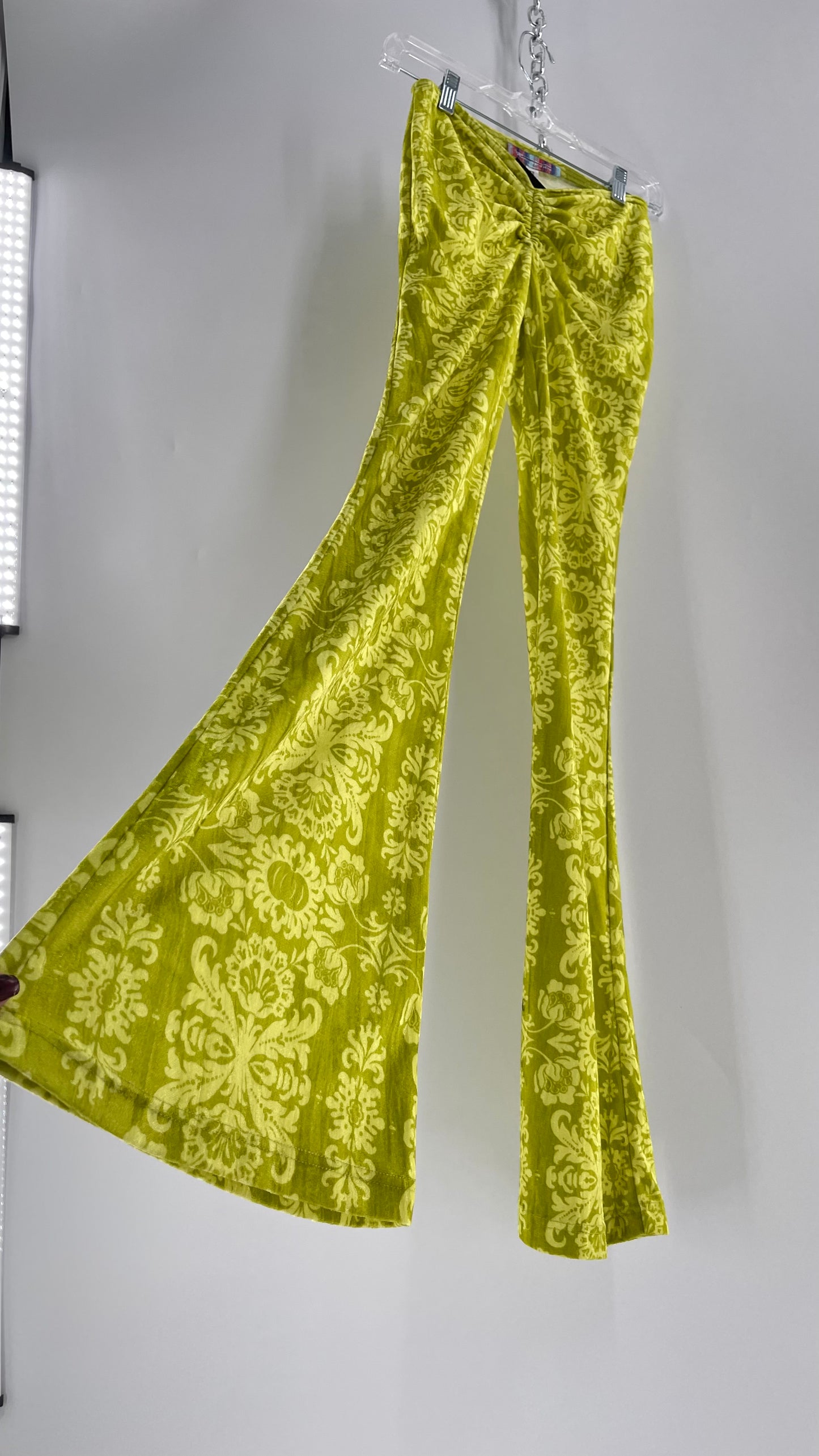 Urban Outfitters Chartreuse Green/Yellow Velvet Lace Patterned Flares with Scrunch Front  (XS)