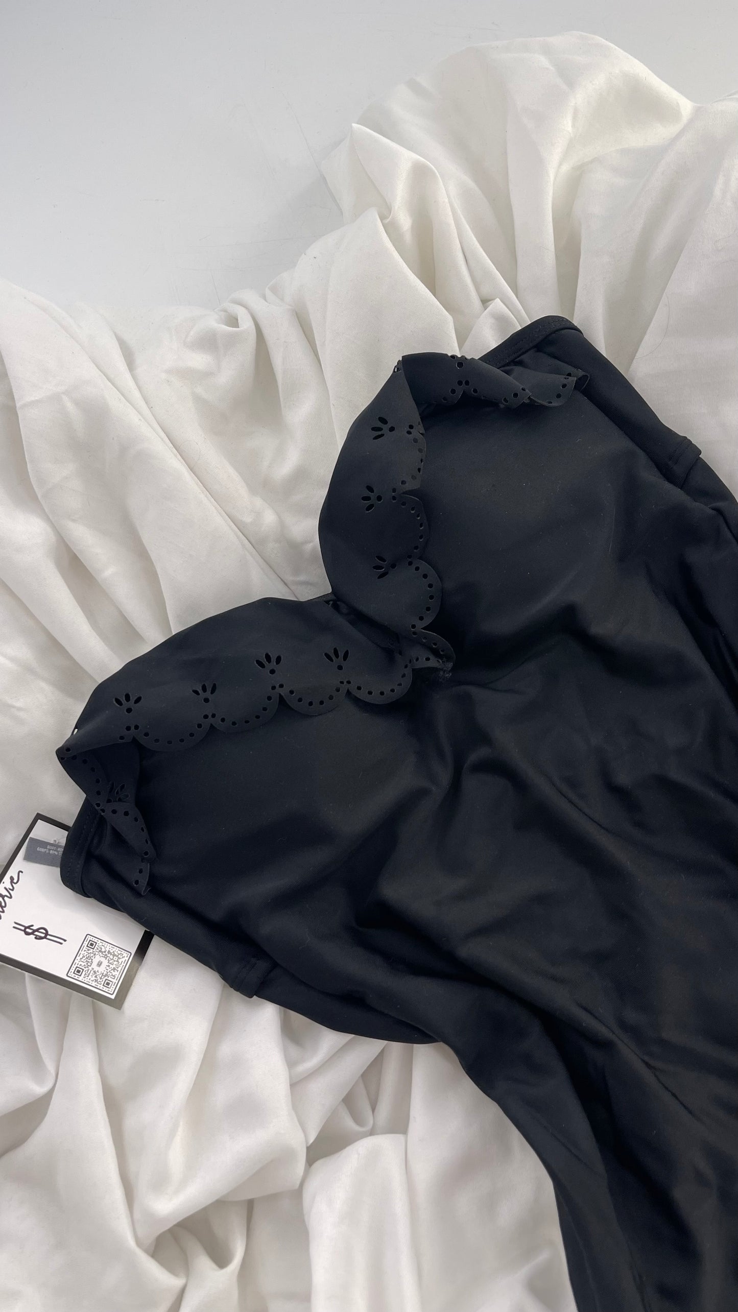 AERIE Black Swimsuit with Ruffled Sweetheart Neckline and Open Back (Small)