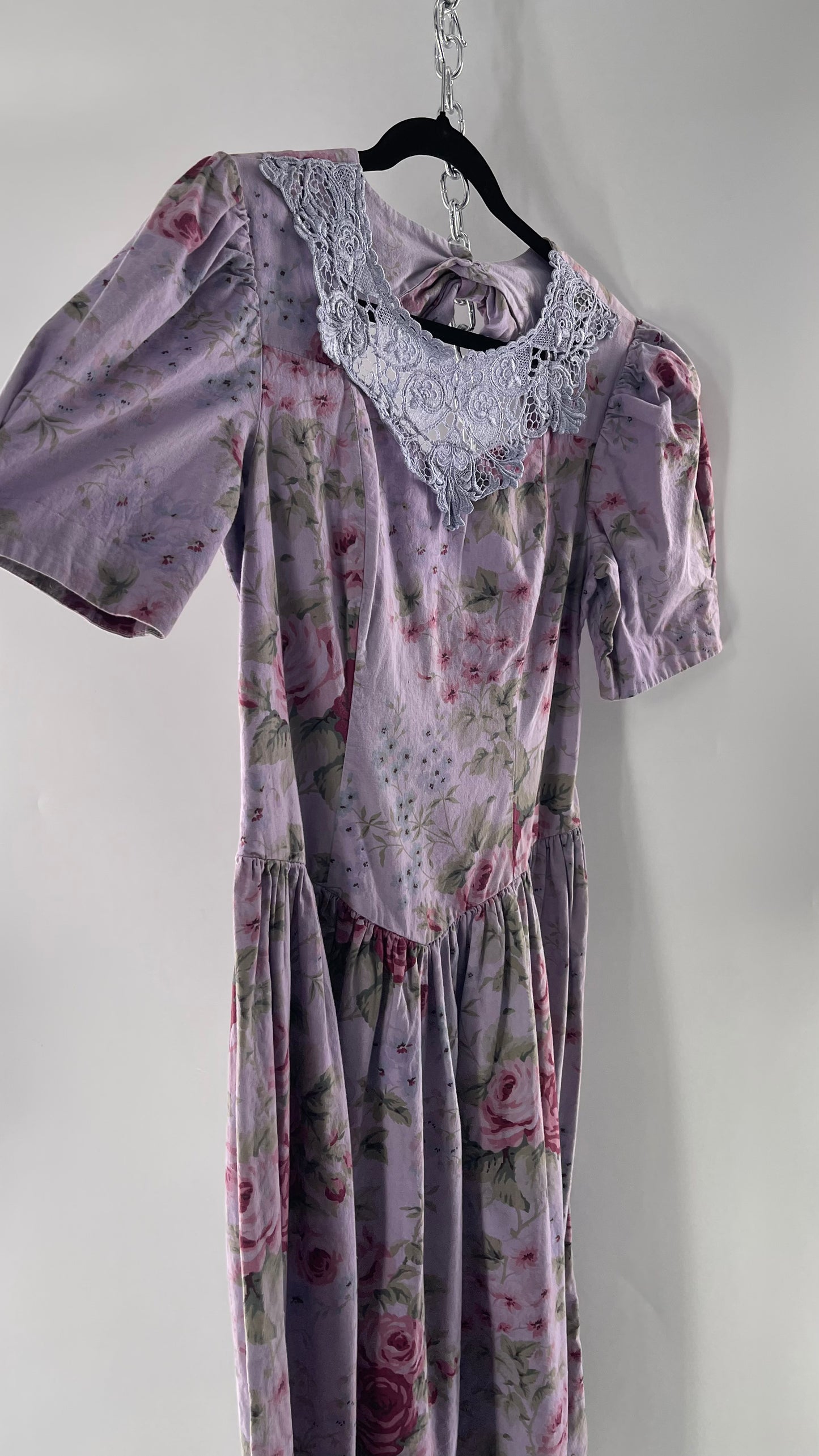 Vintage Urban Renewal Reworked and Upcycled Misty Lane Lilac/Lavender Floral Fit/Flare Dress with Sweetheart Neckline, Lace Detail and Bow Adorned Open Back (11/12)