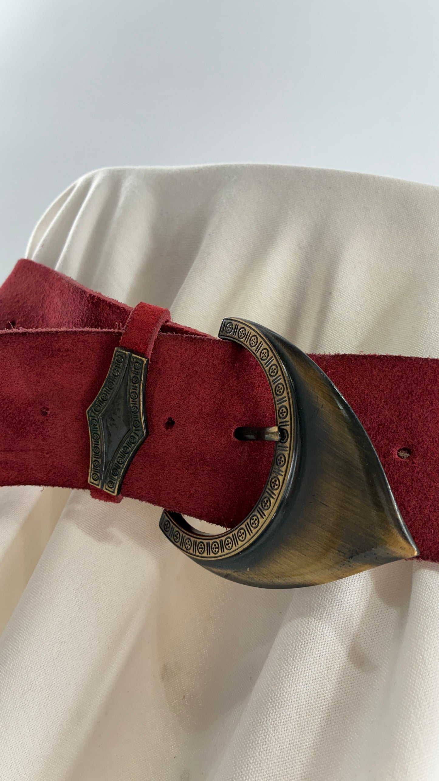 Genuine Suede Leather Maroon Red Belt w Oversized Engraved Buckle