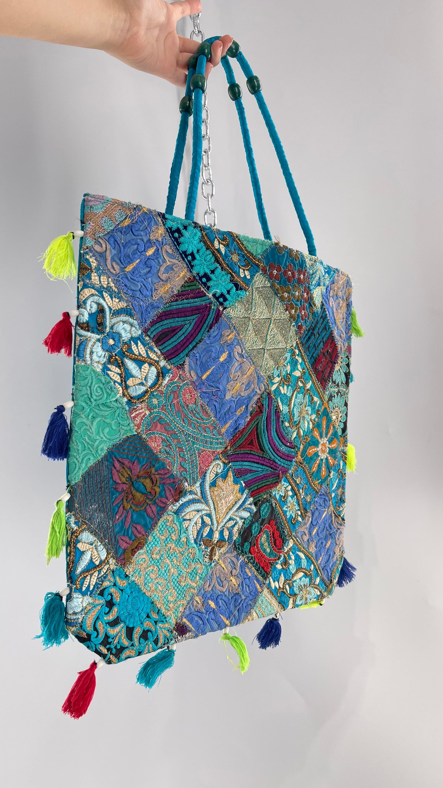 Imported Blue Patchwork Tote from Brazil with Tassel Detailing