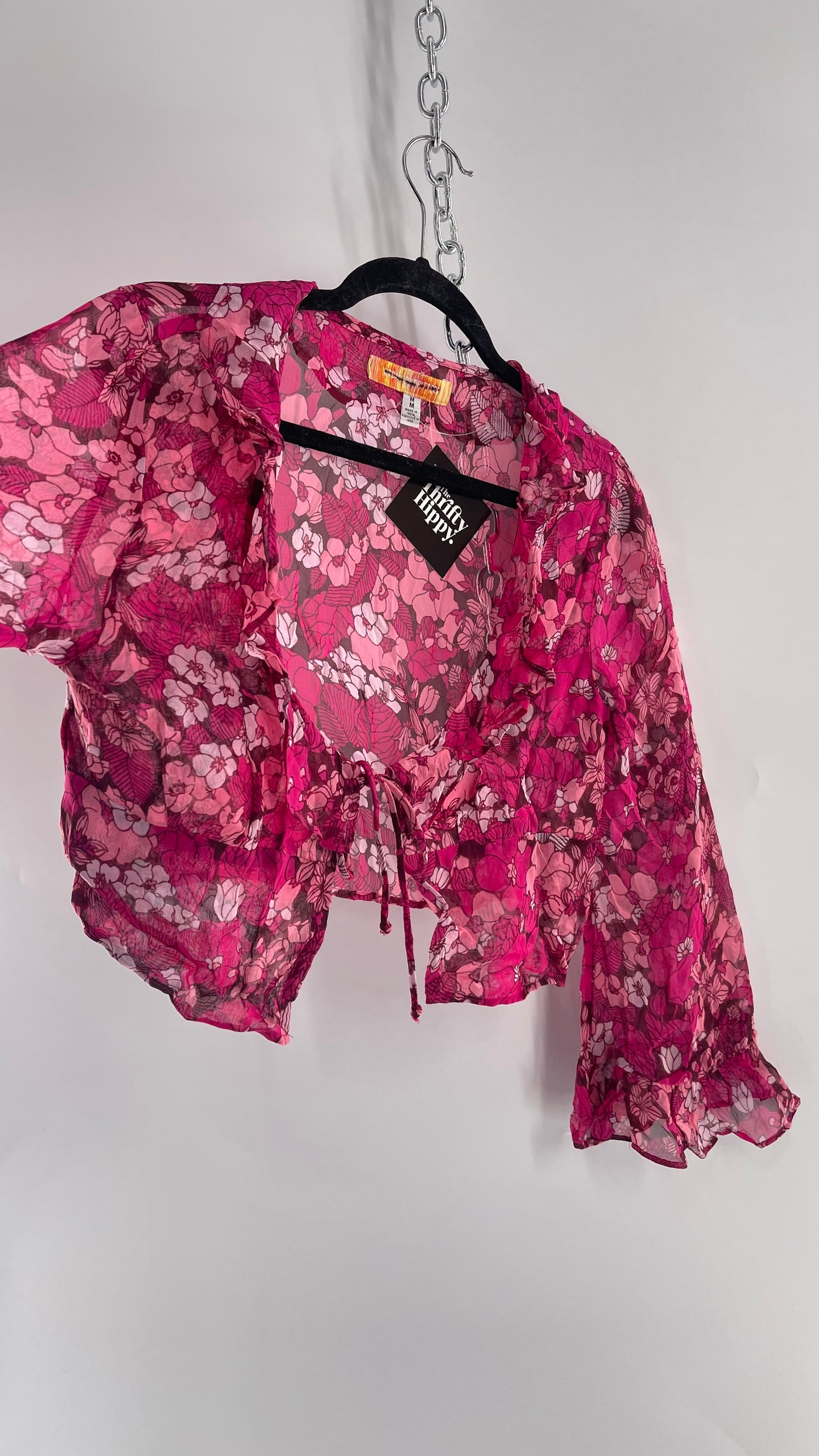 Urban Outfitters Fuchsia 100% Viscose Floral Tie Front, Ruffled Blouse