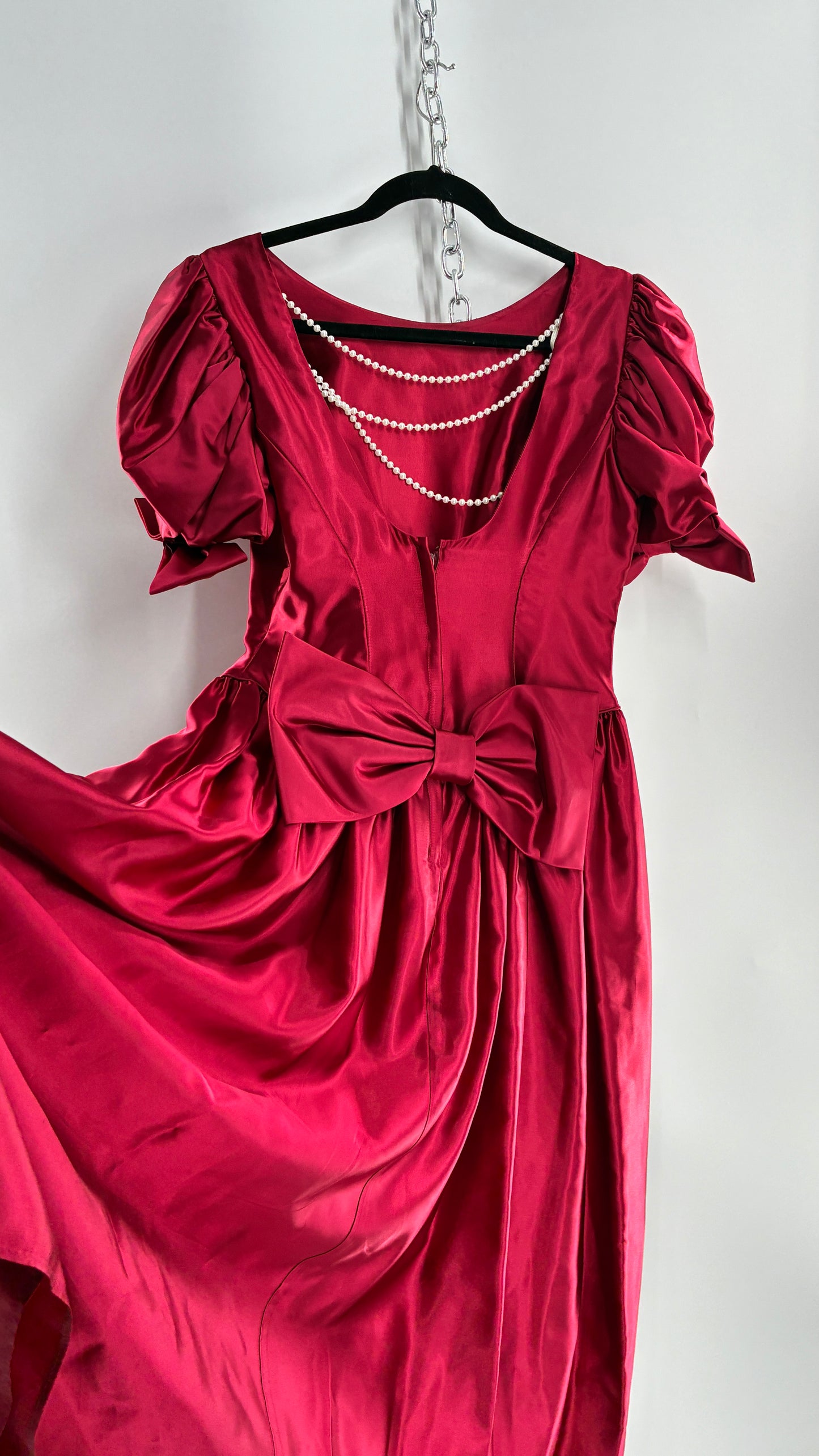Vintage Red Silky Satin Corset Style Dress with Sweetheart Neckline, Puff Sleeves, Oversized Bow Bum, Open Back and Draping Pearls (10P)