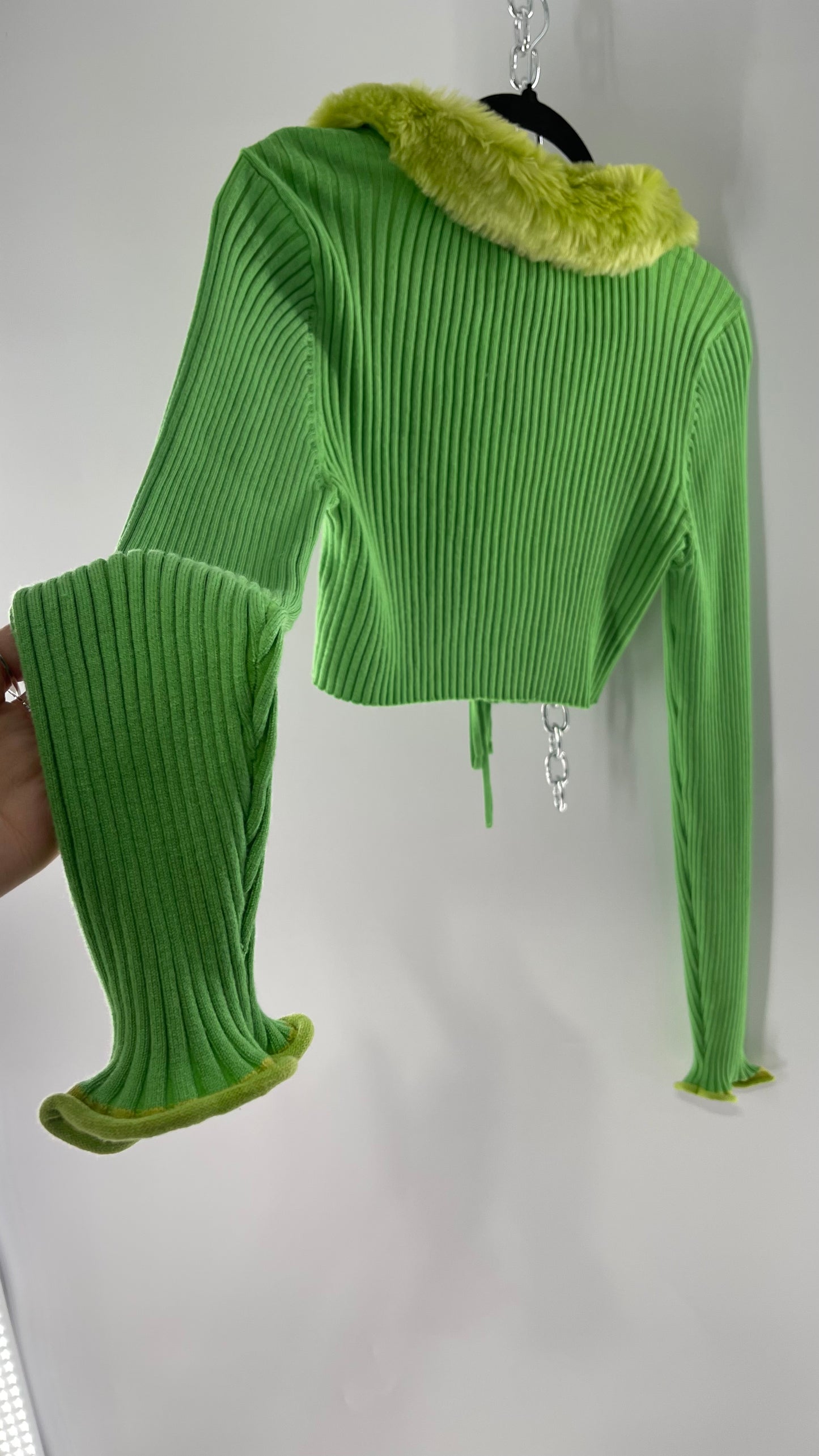 Urban Outfitters Lime Green Ribbed Ribbed Faux Fur Collar Shrug (Large)