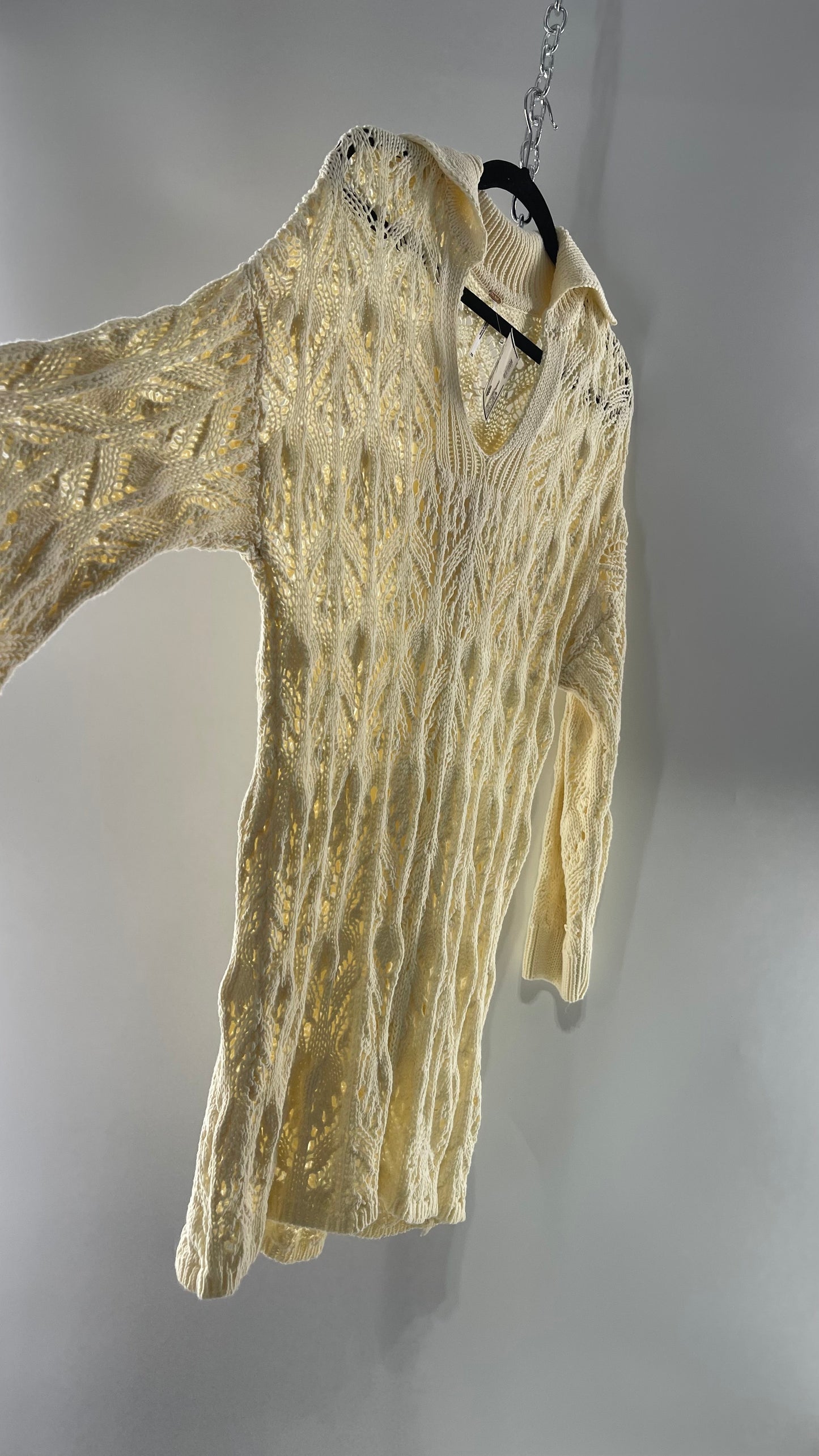 Free People Baby Yellow Comfy n Cozy Open Stitch Knit Sweater Dress (XS)