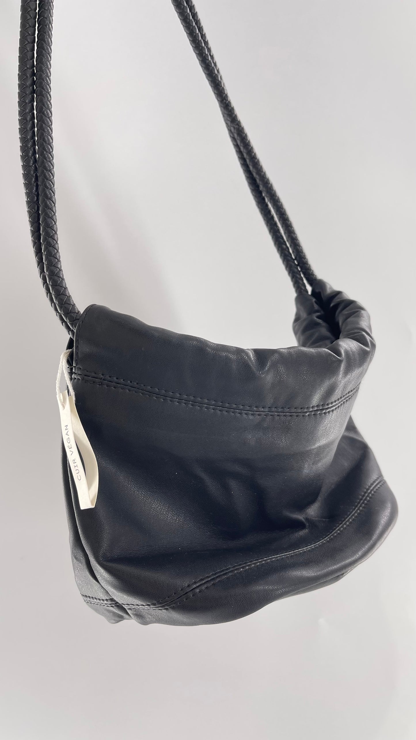 Urban Outfitters Black Adjustable Bucket Tank Vegan Leather Bag with Braided Handles