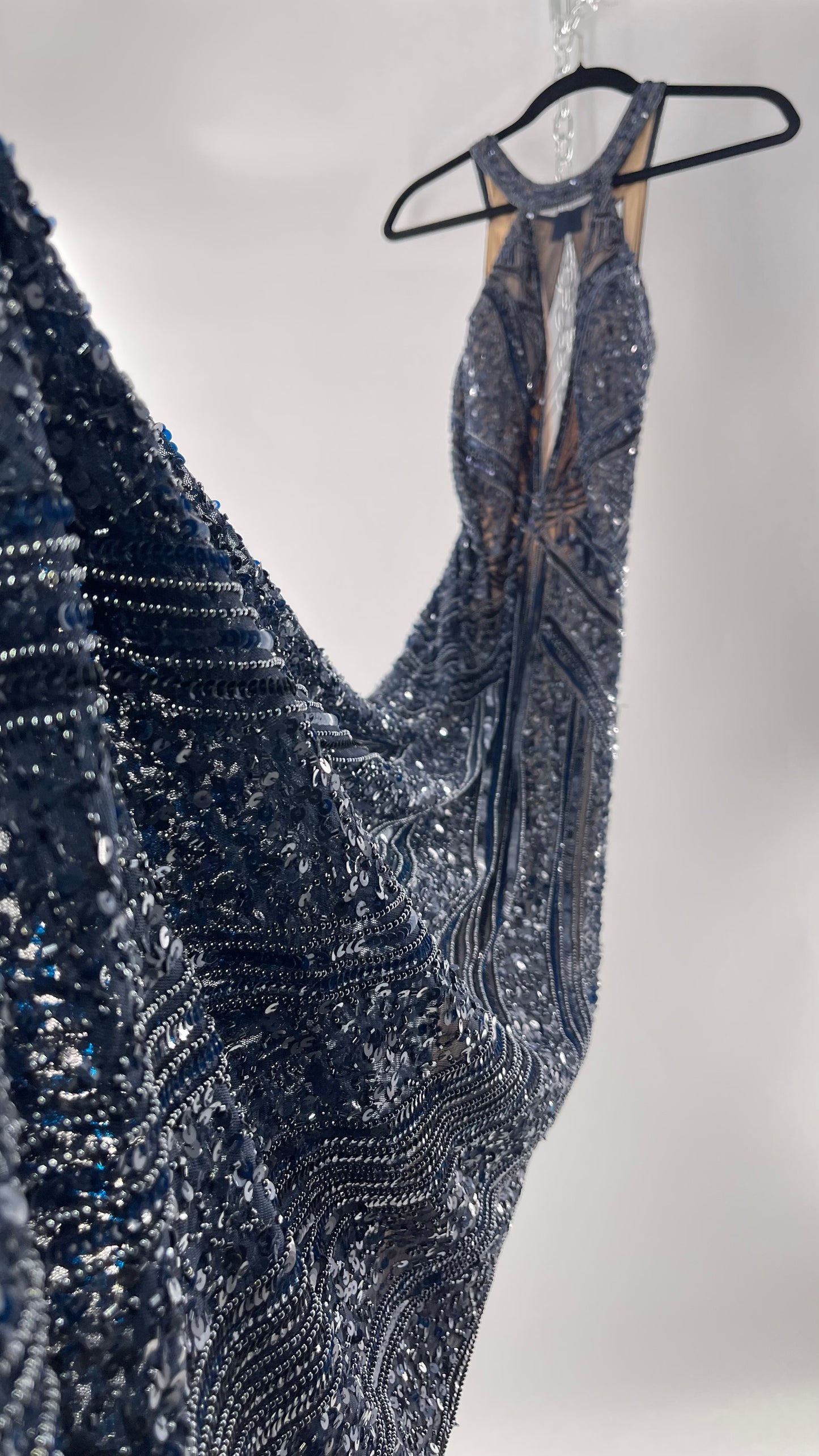 Vintage SCALA Navy Blue Beaded Floor Length Gown with Plunging Neckline, Backless Detail, and Tan Underlay (C)(4)