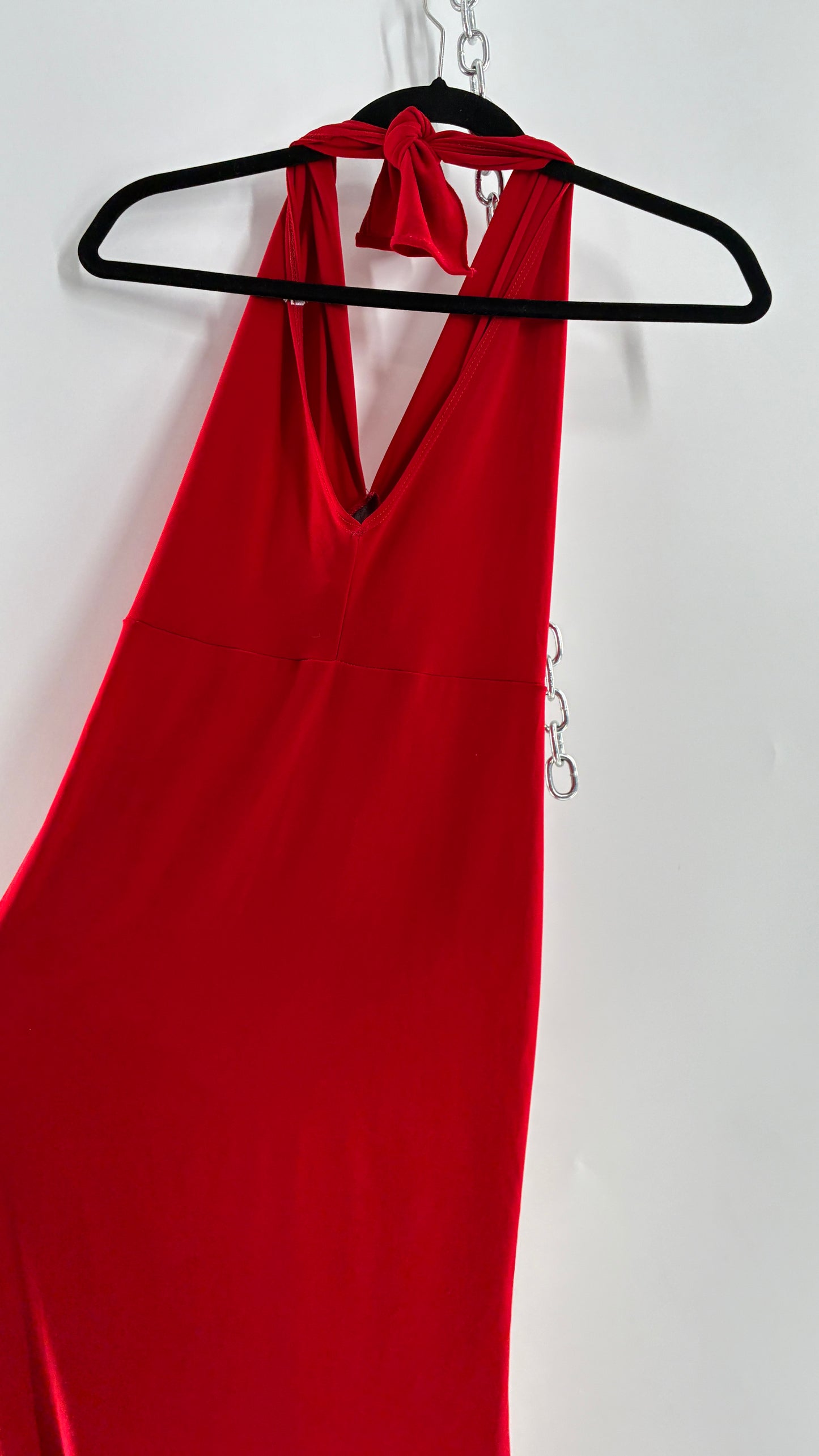 Vintage SYMPHONY Lycra Red Halter Full Length Dress with Sequin Bust Detail (Small)