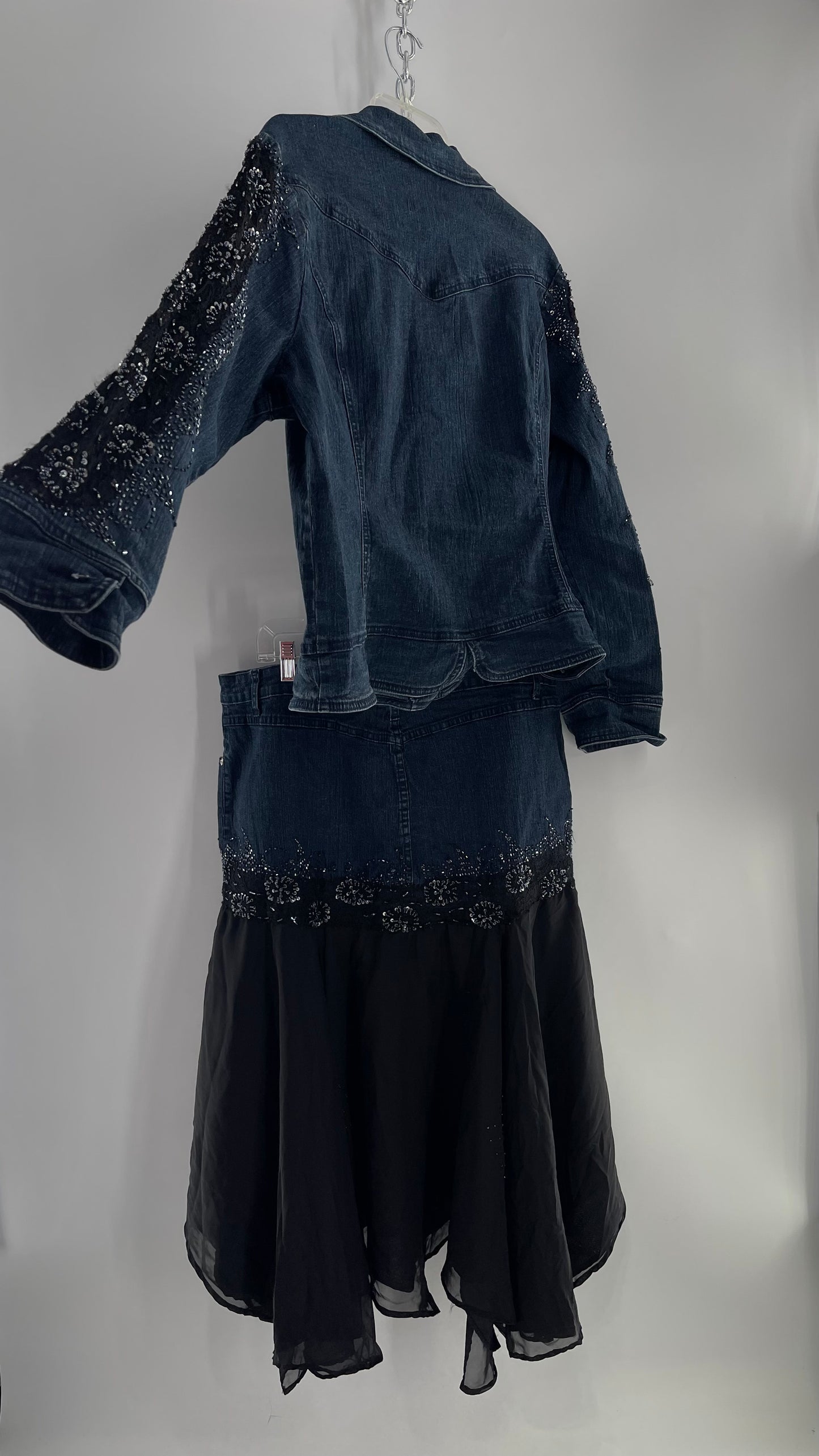 Vintage Ashley Stewart Denim Skirt and Button Up Set with Black Embroidered and Beaded Lace Details + Handkerchief Skirt (16W)