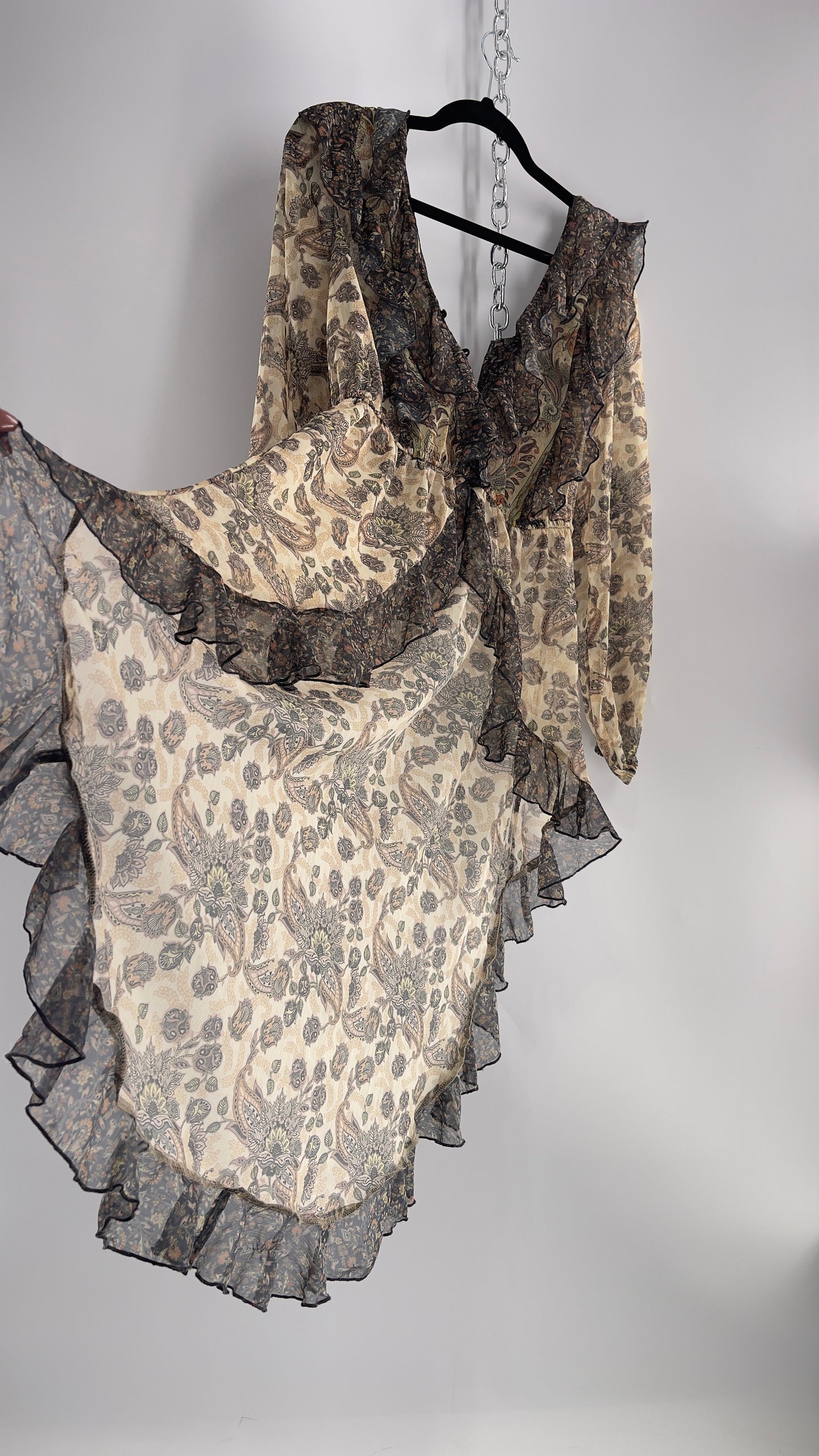Free People Let Me Be Paisley Dual Toned High Low Sweeping Cape with Ruffled Bust and Hemline with Tags Attached (Small)