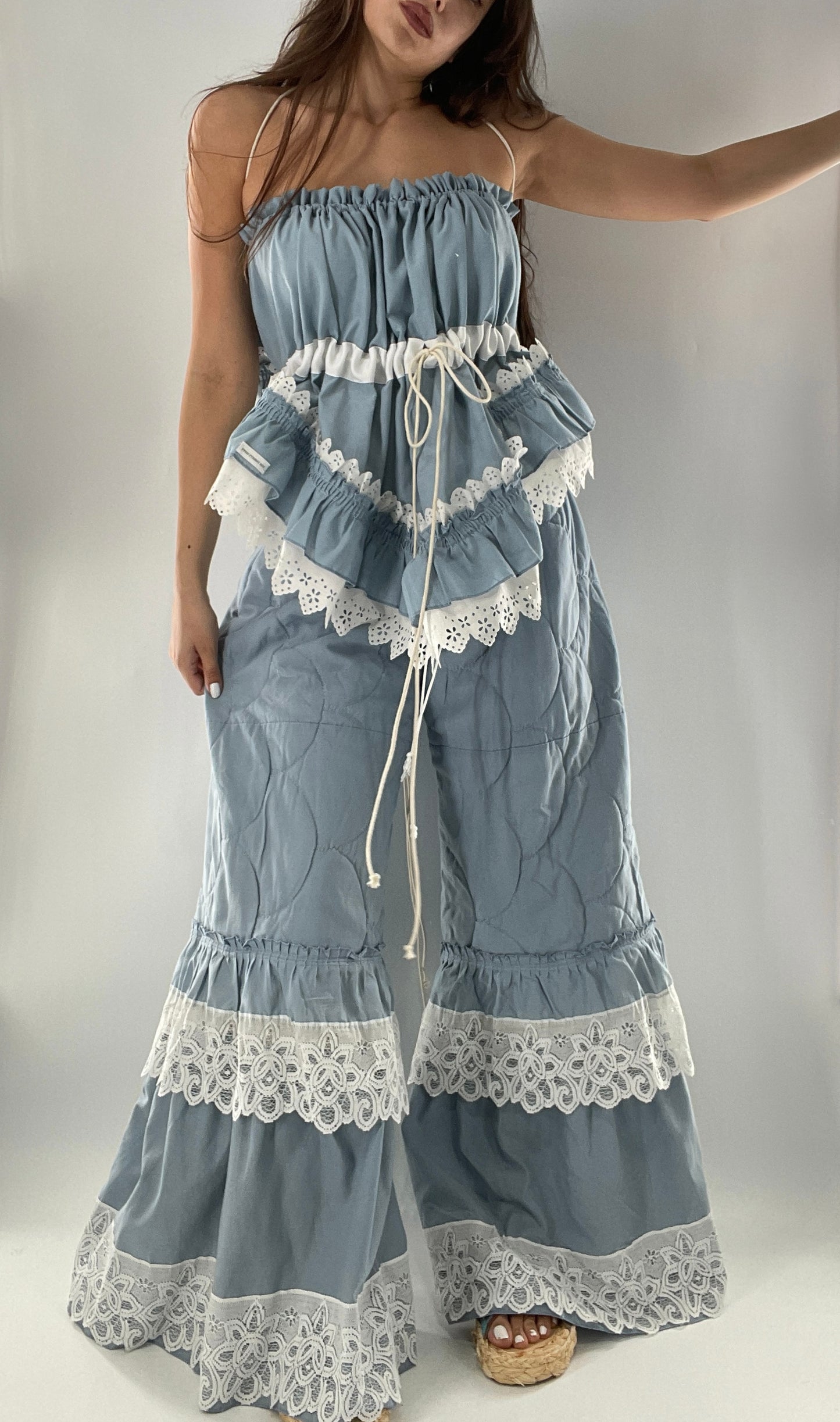 Vintage 2 Piece Powder Blue Set Featuring 2Way Blouse and Quilted Trousers Covered in Ruffles, Lace and Trim (One Size)