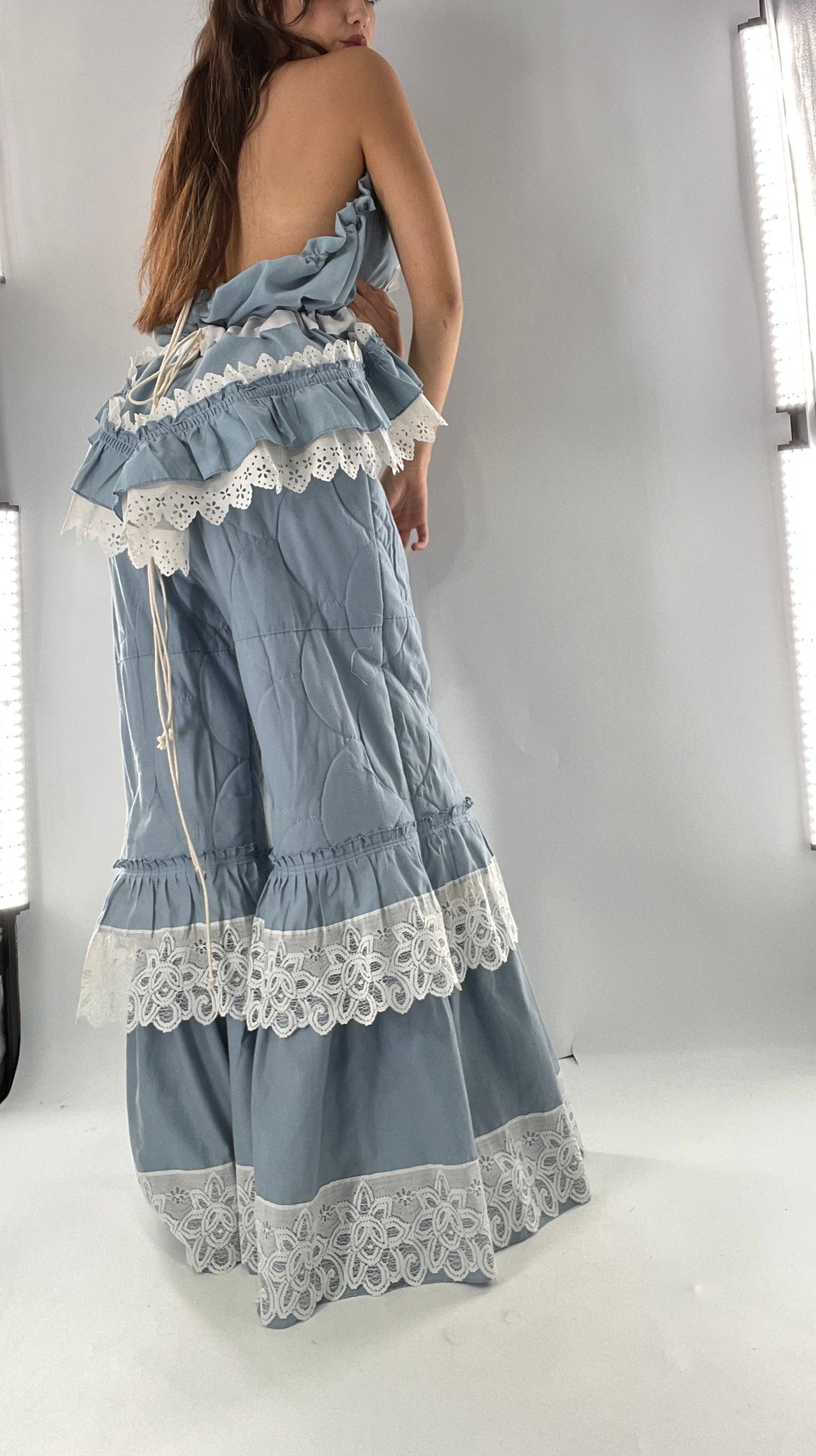 Vintage 2 Piece Powder Blue Set Featuring 2Way Blouse and Quilted Trousers Covered in Ruffles, Lace and Trim (One Size)