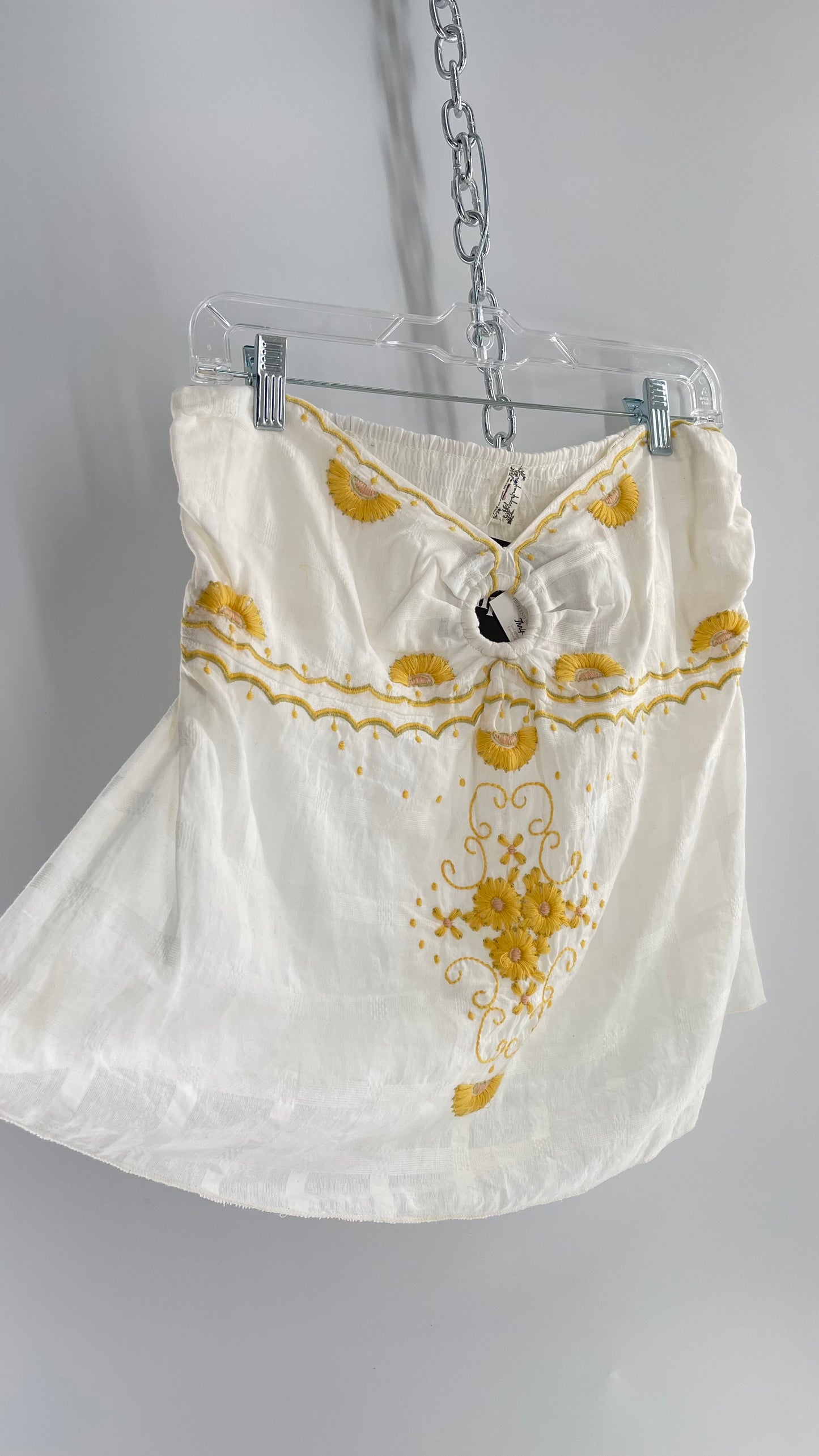 Intimately Free People White Cotton Tube Tank with Yellow Embroidered Detailing (L)