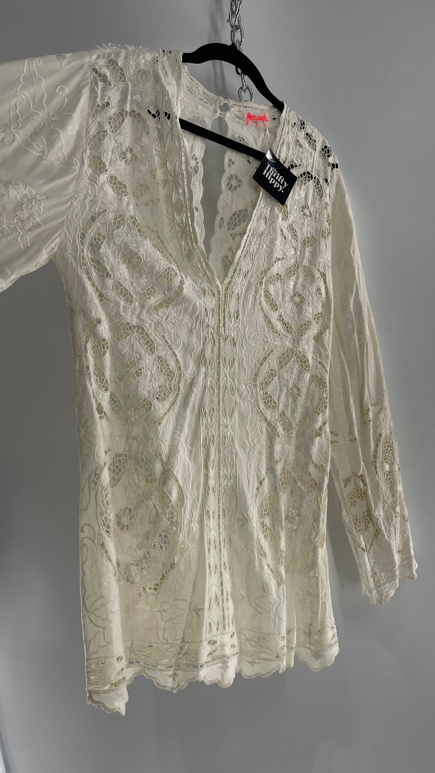 Free People Cream Lace Mini Dress (Small)