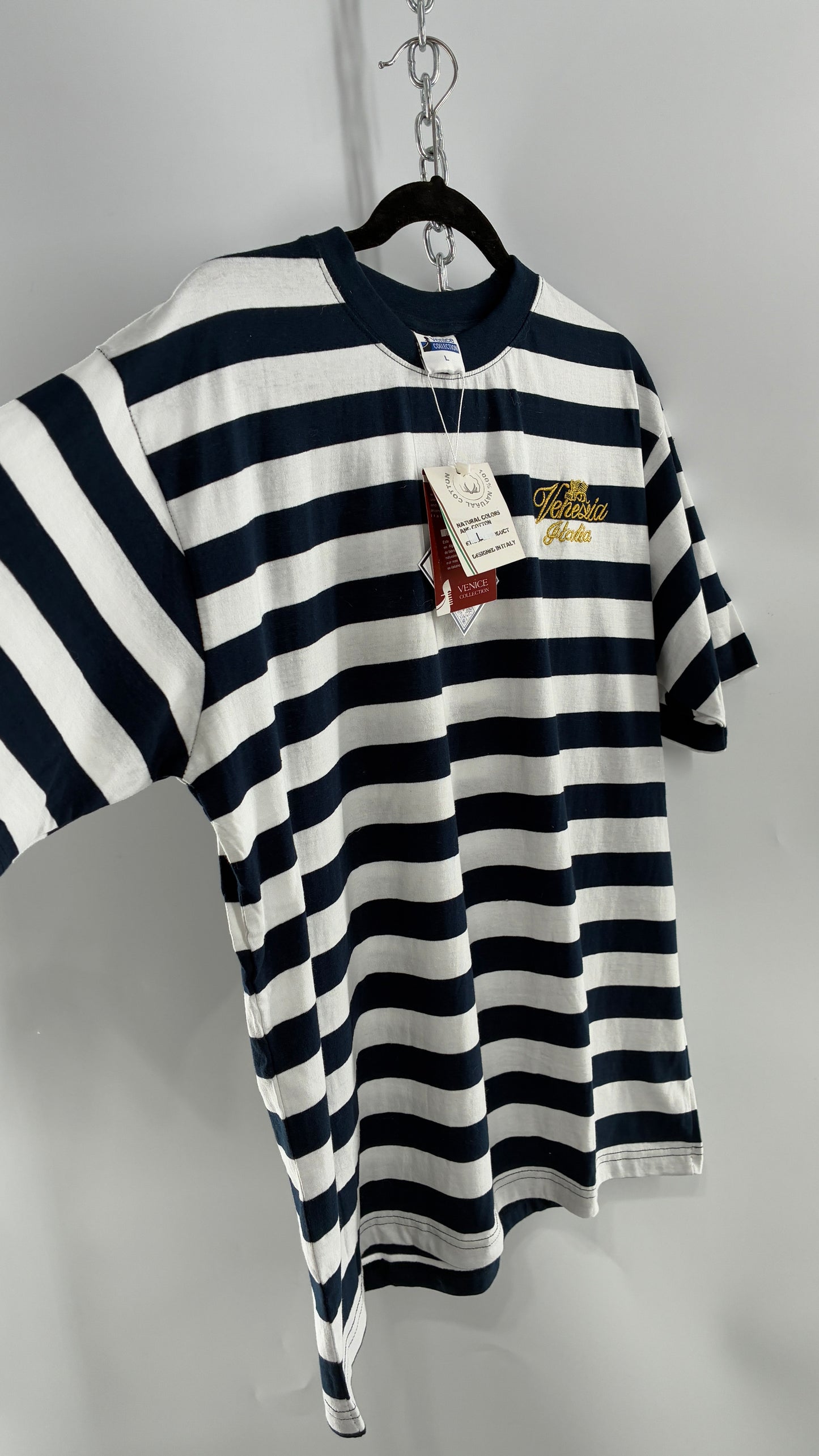 Vintage VENEZIA Striped Navy Short Sleeve with Gold Embroidery Designed in Italy (Large)