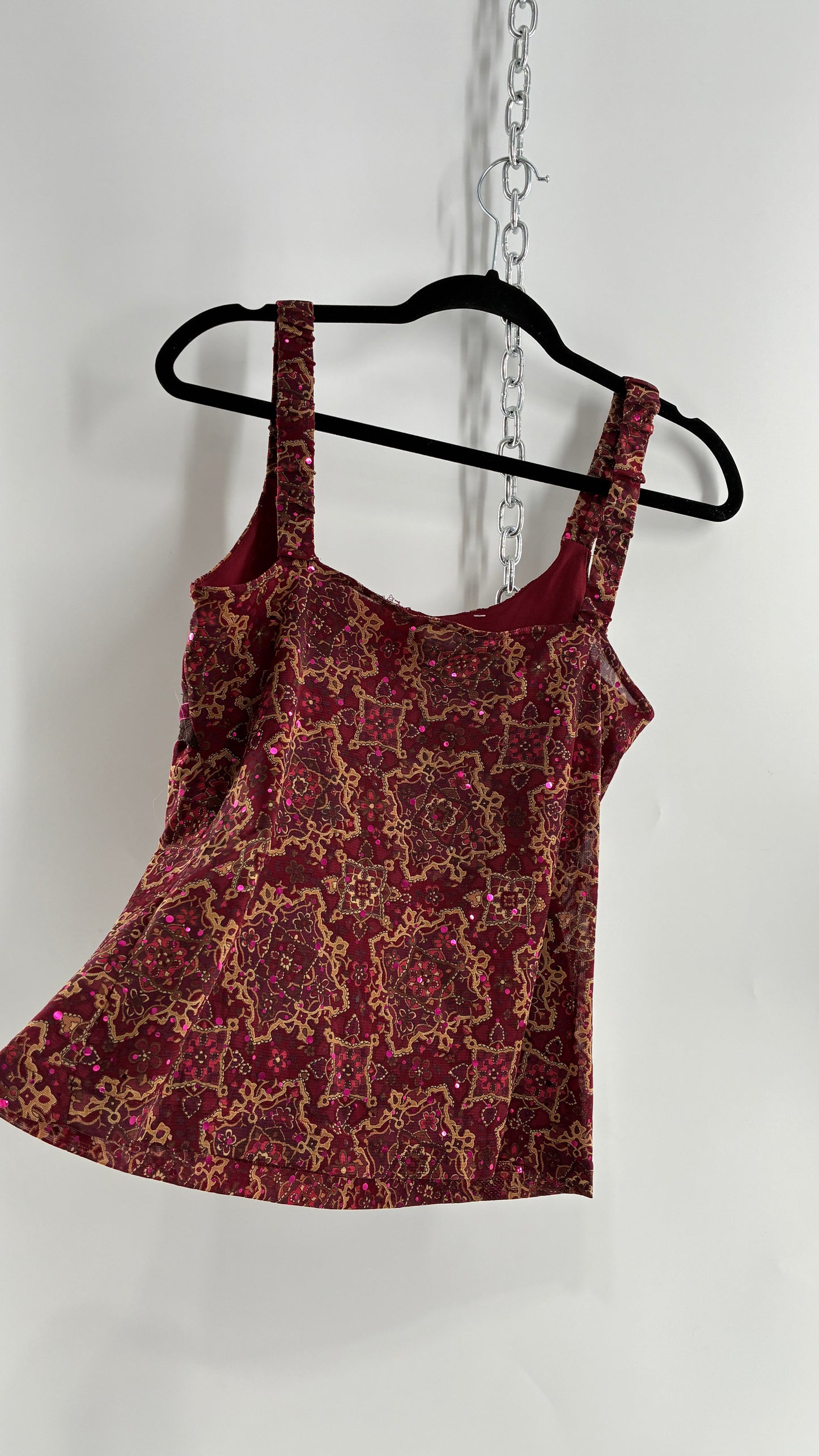 Vintage SELF ESTEEM Maroon Camisole with Sequins, Ruched Bust, and Velvet Ribbon Detail (Large)