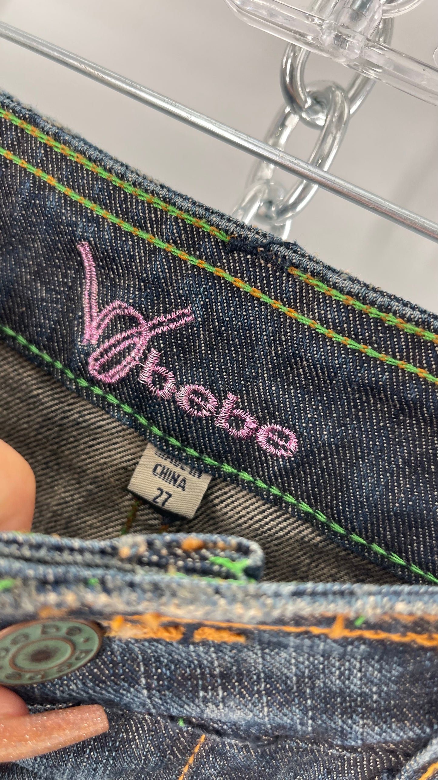 Vintage Stonewash Bebe Denim Long Skirt with Raw Edge Hem and Beaded Back Pocket Detail (27)