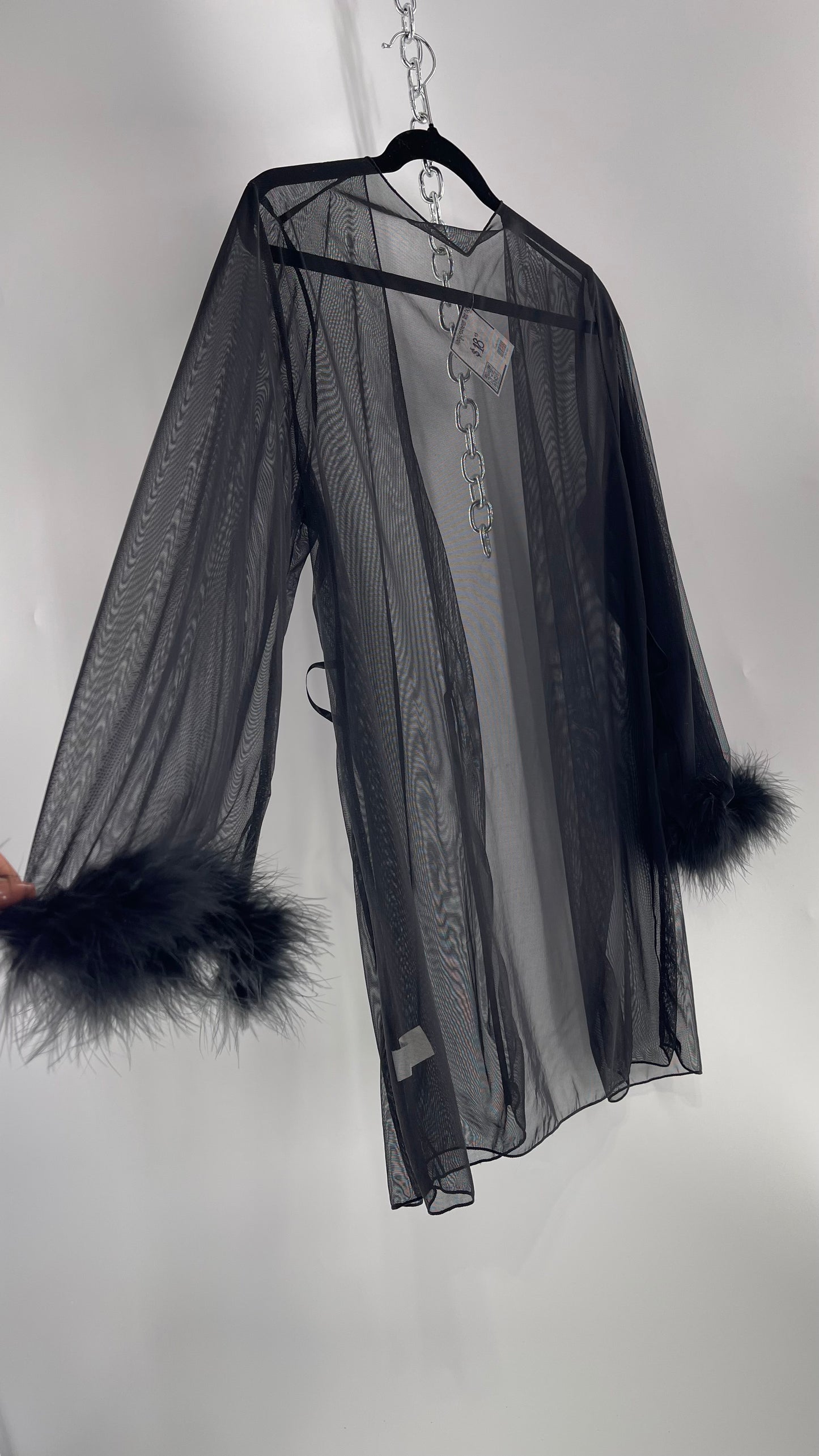 Black Mesh Long Sleeve Toss On with Feather Cuffs (Medium)