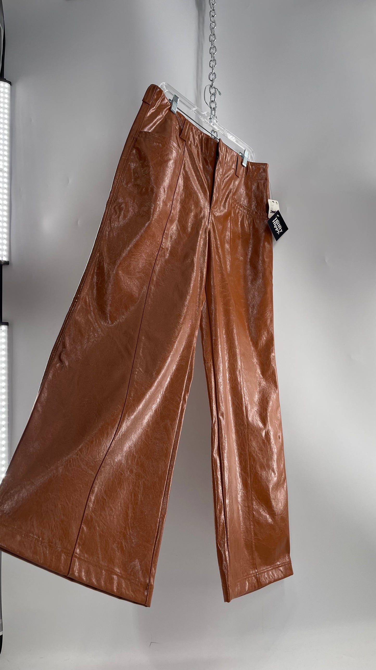 Free People Star Cross Lovers Cognac Brown Vegan Faux Leather Wide Leg Baggy Trouser(12)