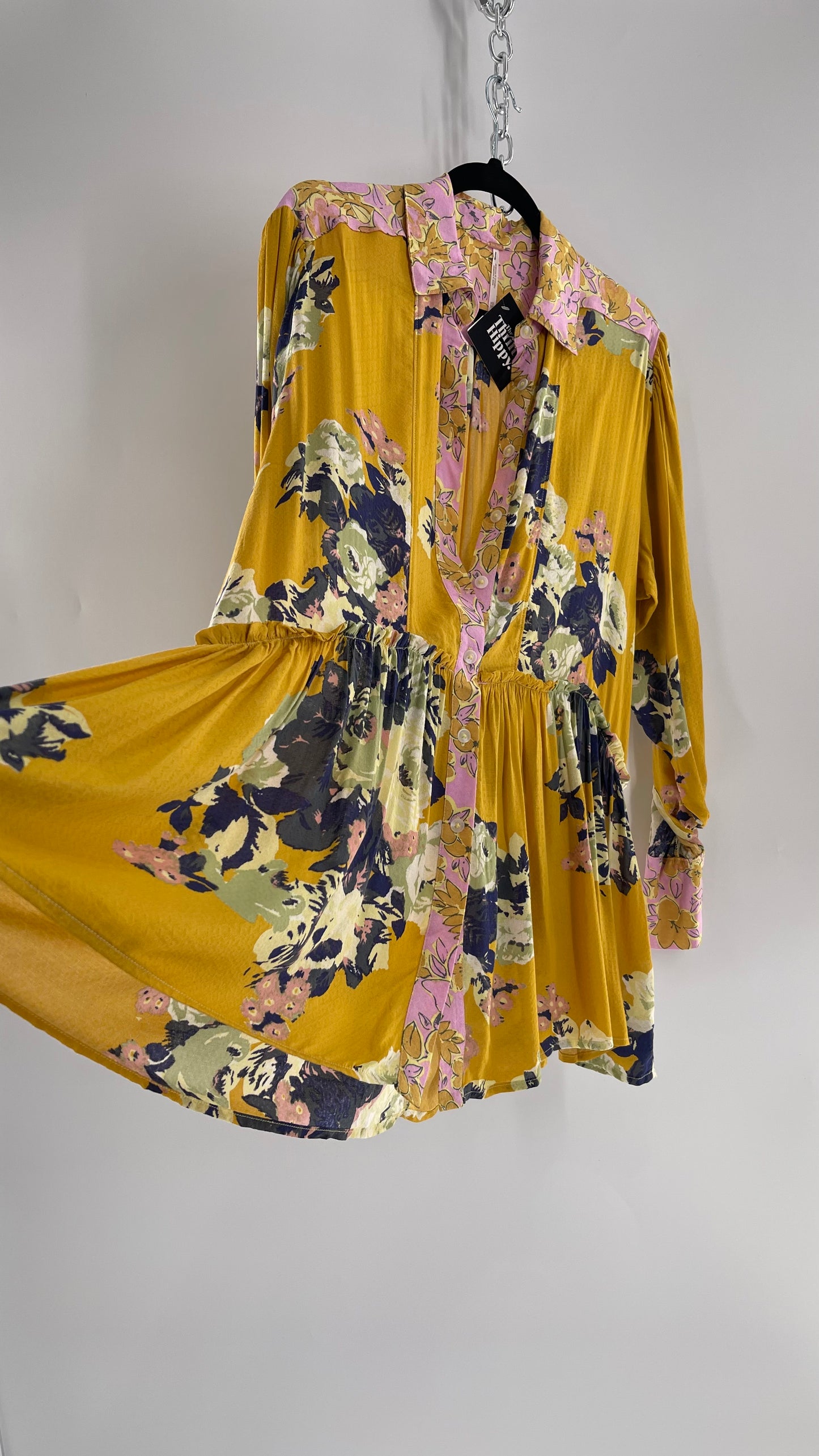 Free People Oversized Button Up Contrast Pattern Yellow Floral Blouse (XS)