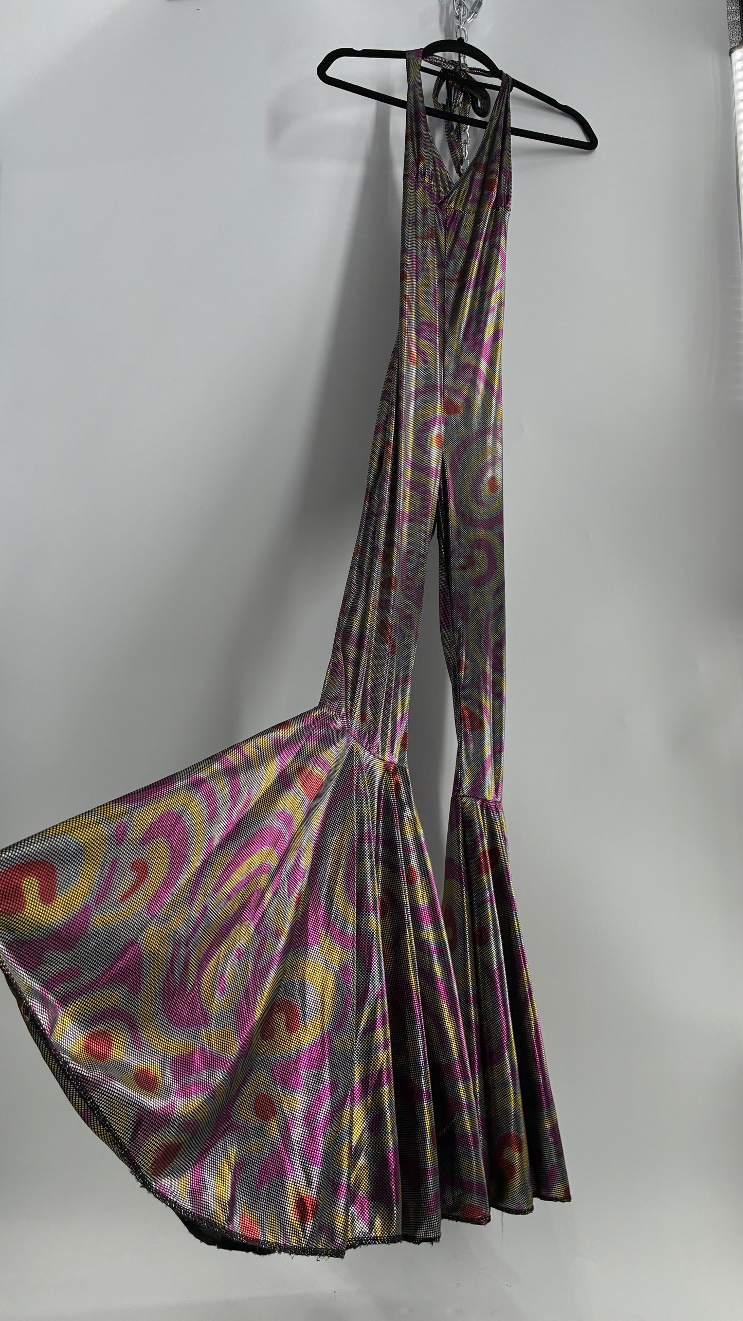 1970s Style Bell Bottom Psychedelic Metallic Jumpsuit with Waist Cinching Back Ties (S/M)