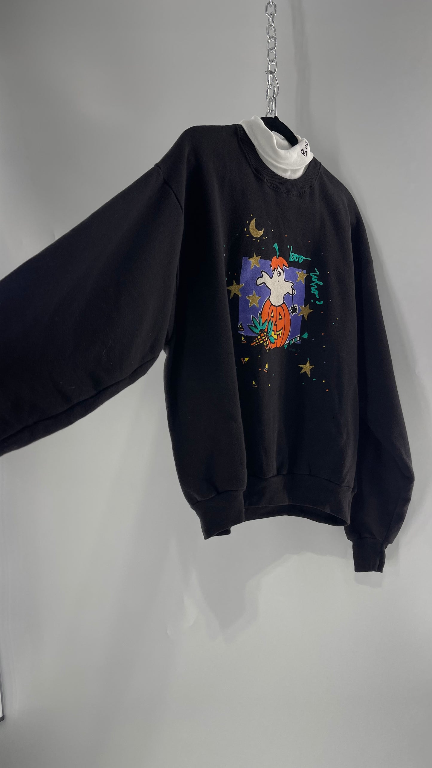 Vintage Black Halloween Graphic Crewneck with White Turtleneck Detail and Boo Embroidery (Large)