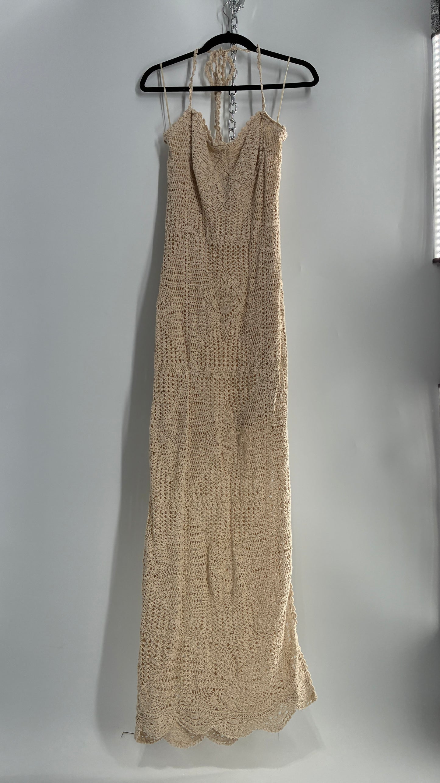 Free People Beige Crochet Knit Máxi Dress (Large)