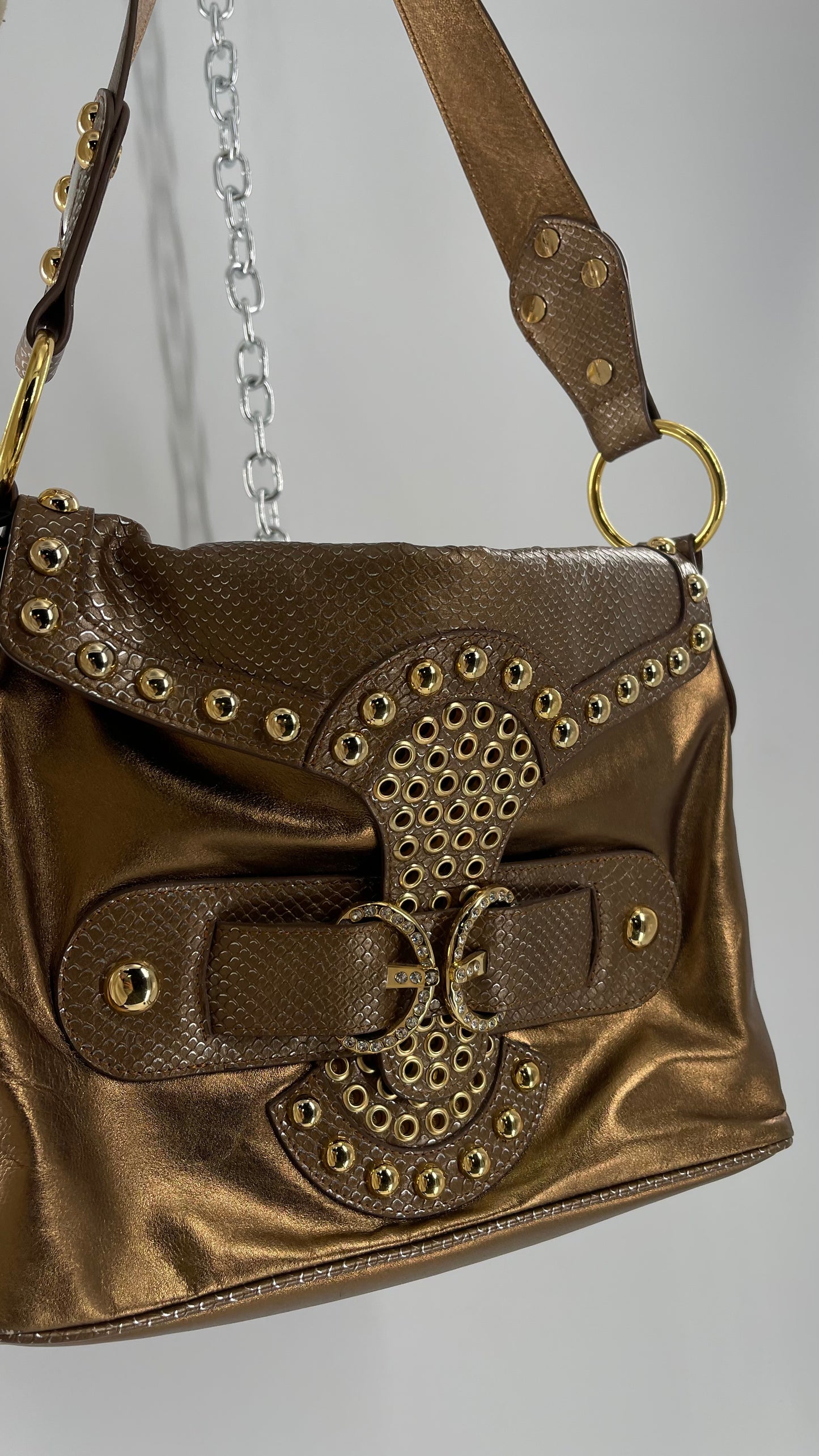 Deadstock Vintage The Find Grandeur Bronze Bag with Grommets, Gemstones, Studs and Exaggerated Buckle