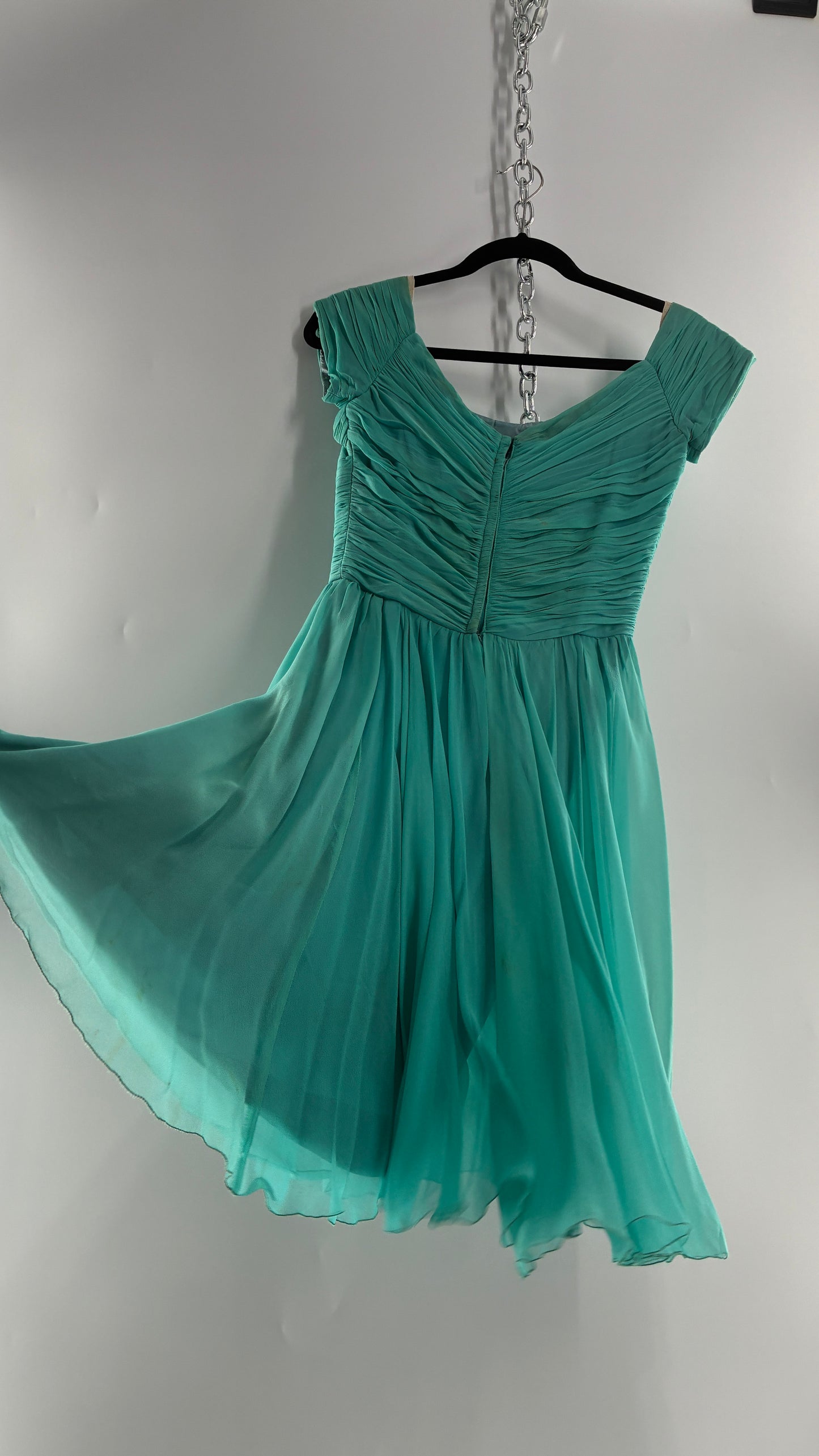 Vintage Teal Handmade Mini Dress with Pleated Basket Woven Bust (XS)