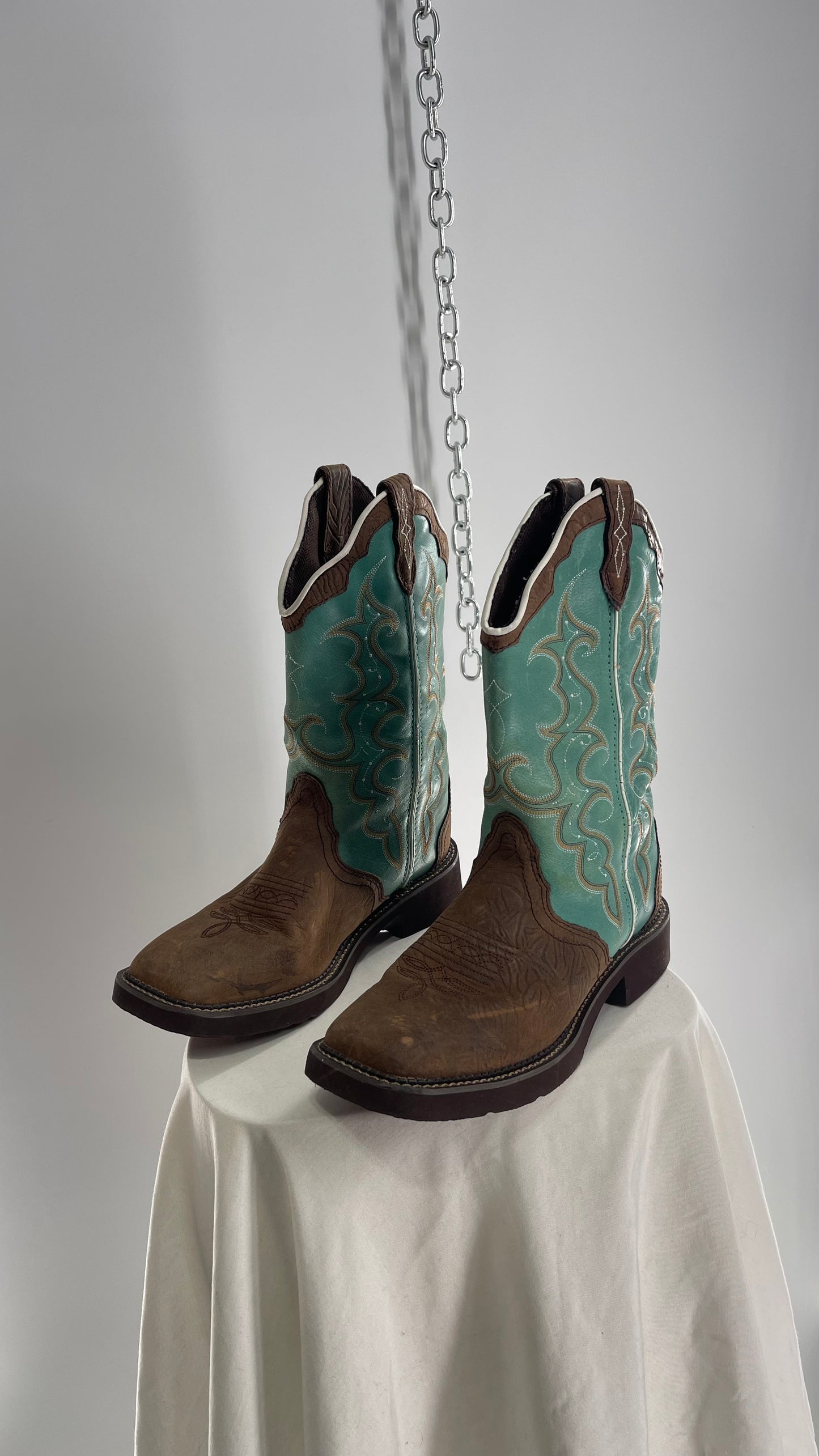 Vintage Justin Gypsy Brown Leather Turquoise Raya Cowboy Boots (8.5B)