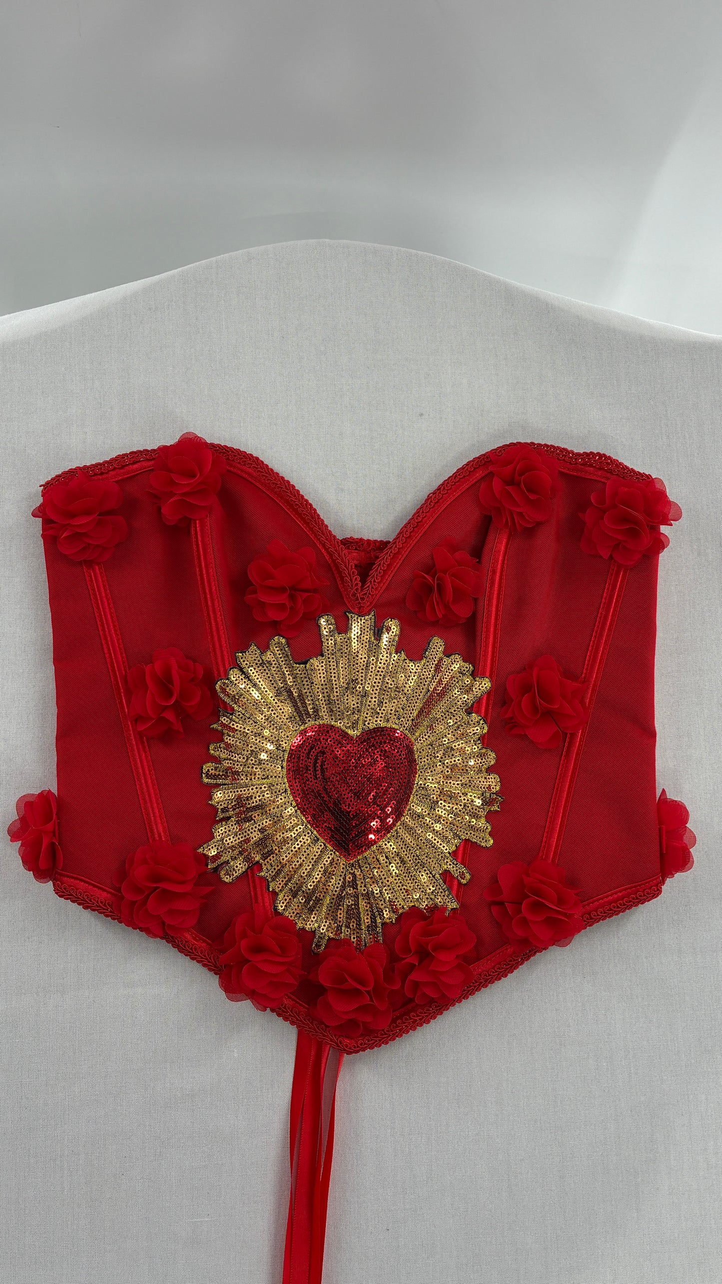 Red Handmade Corset with Rosette Appliqués and Sequin Heart Design (Small)