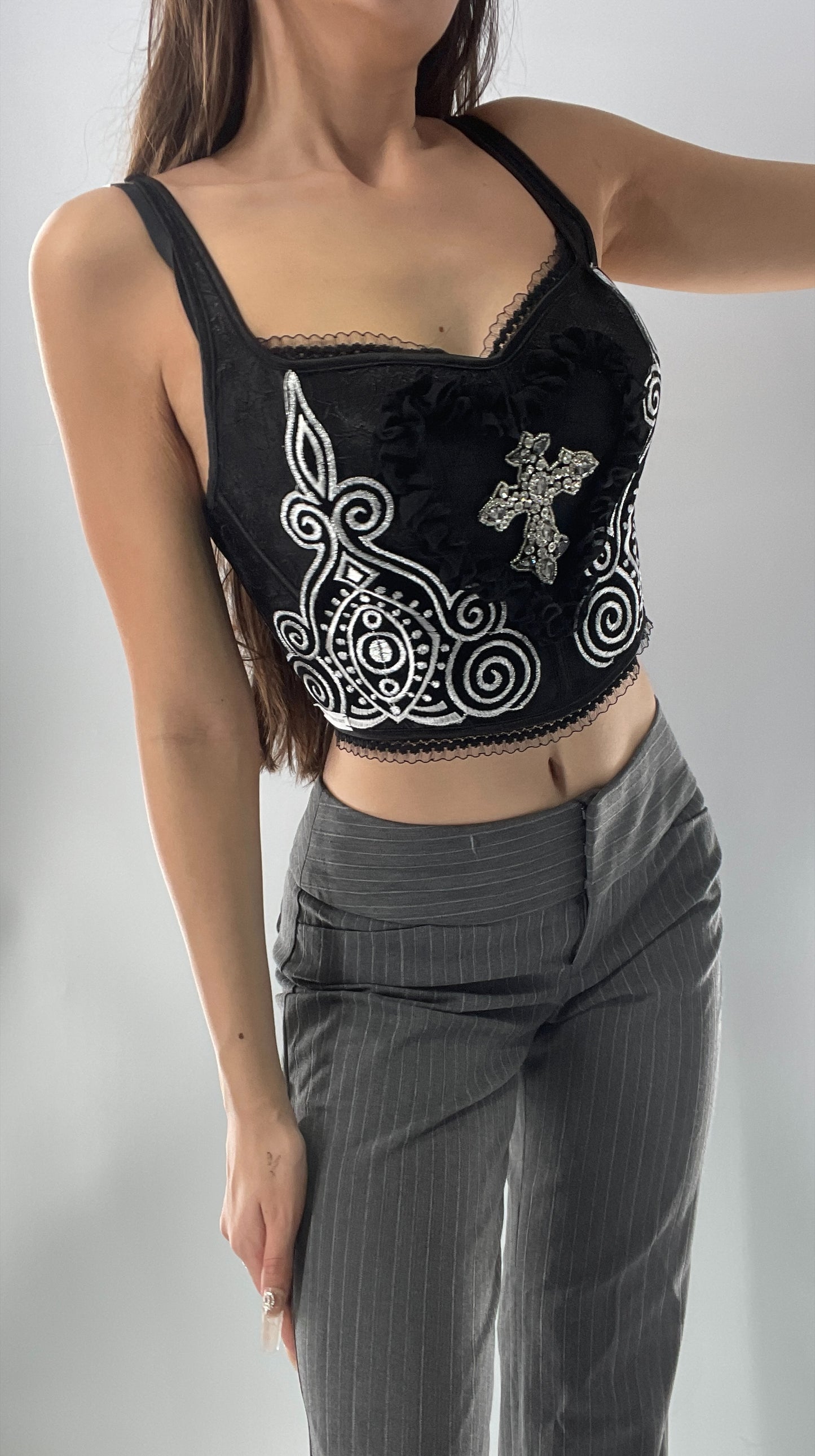 Custom Corset Handmade with Appliqués, Embroidery, Gemstones, Lace and Ruffles (S/M)