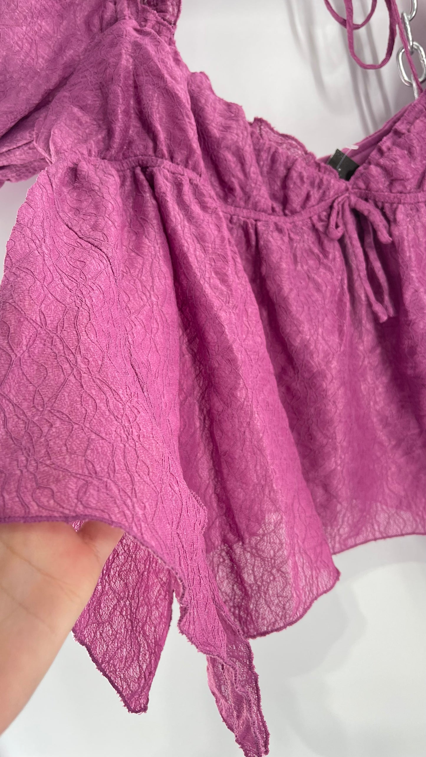 Urban Outfitters Purple Lace Blouse with Handkerchief Slit Hem, Princess Fairy Sleeves, Ruffle Trim Bust and Low Back (Large)