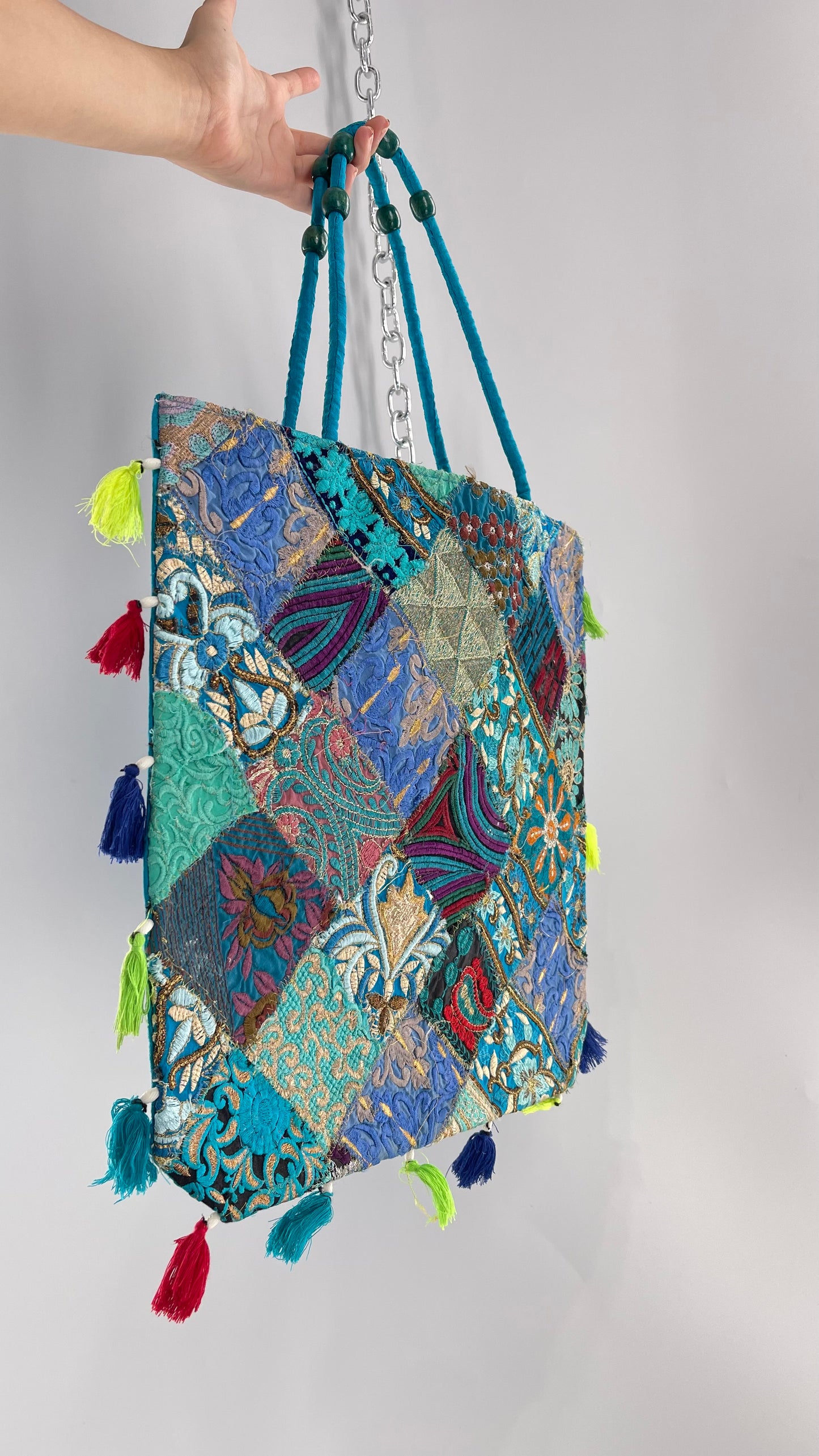 Imported Blue Patchwork Tote from Brazil with Tassel Detailing