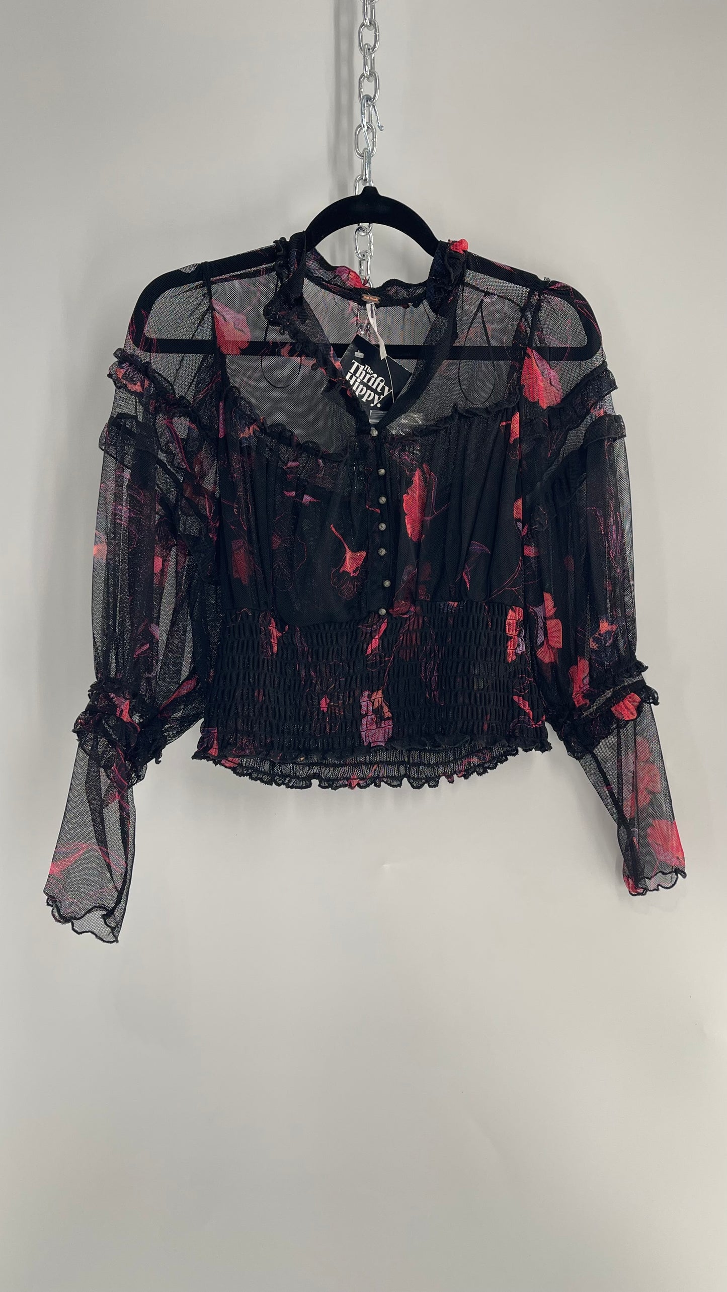 Free People Black Mesh Top with Smocked Waist, Buttoning and Contrasting Florals (Medium)