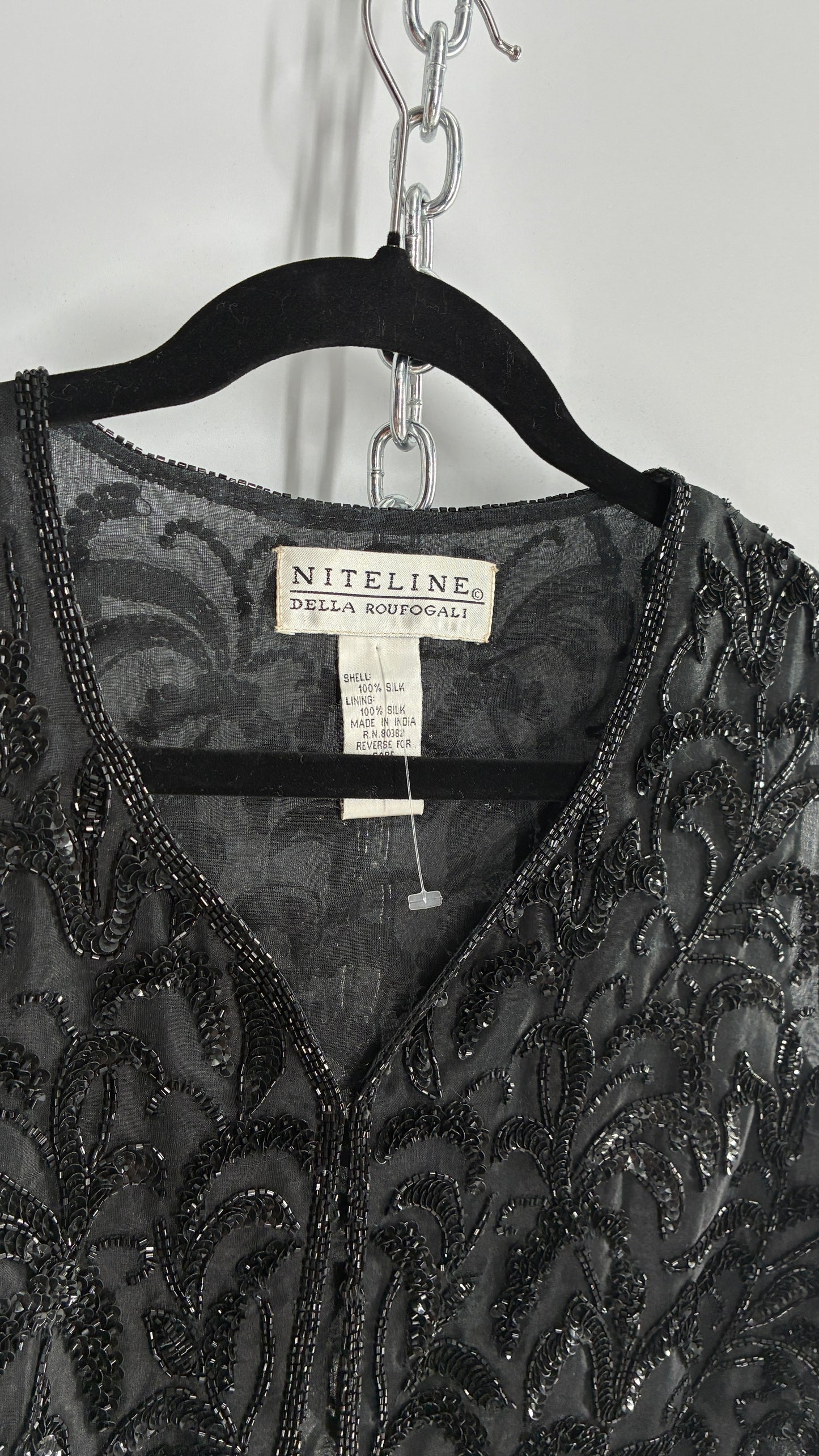 Vintage 1990s NITELINE 100% Silk Beaded Cropped Vest with Tassel Details (Medium)
