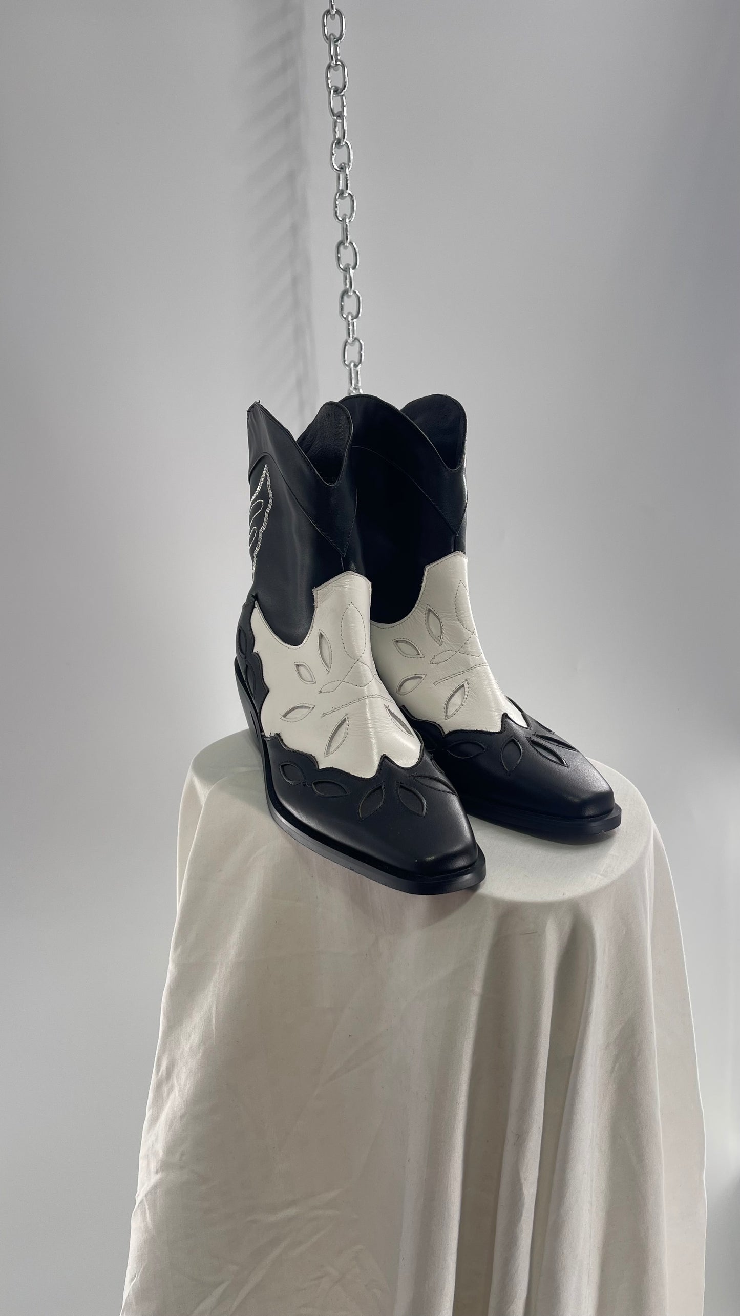 Black and White Cowboy Boots with Embroidered Butterfly Wings on Back (40)