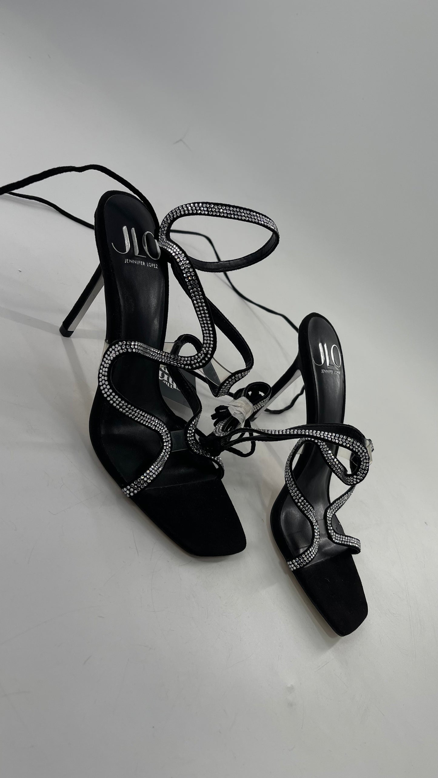 JLO Black Square Toe Rhinestone Wrap Around Tie Up Heel (8)