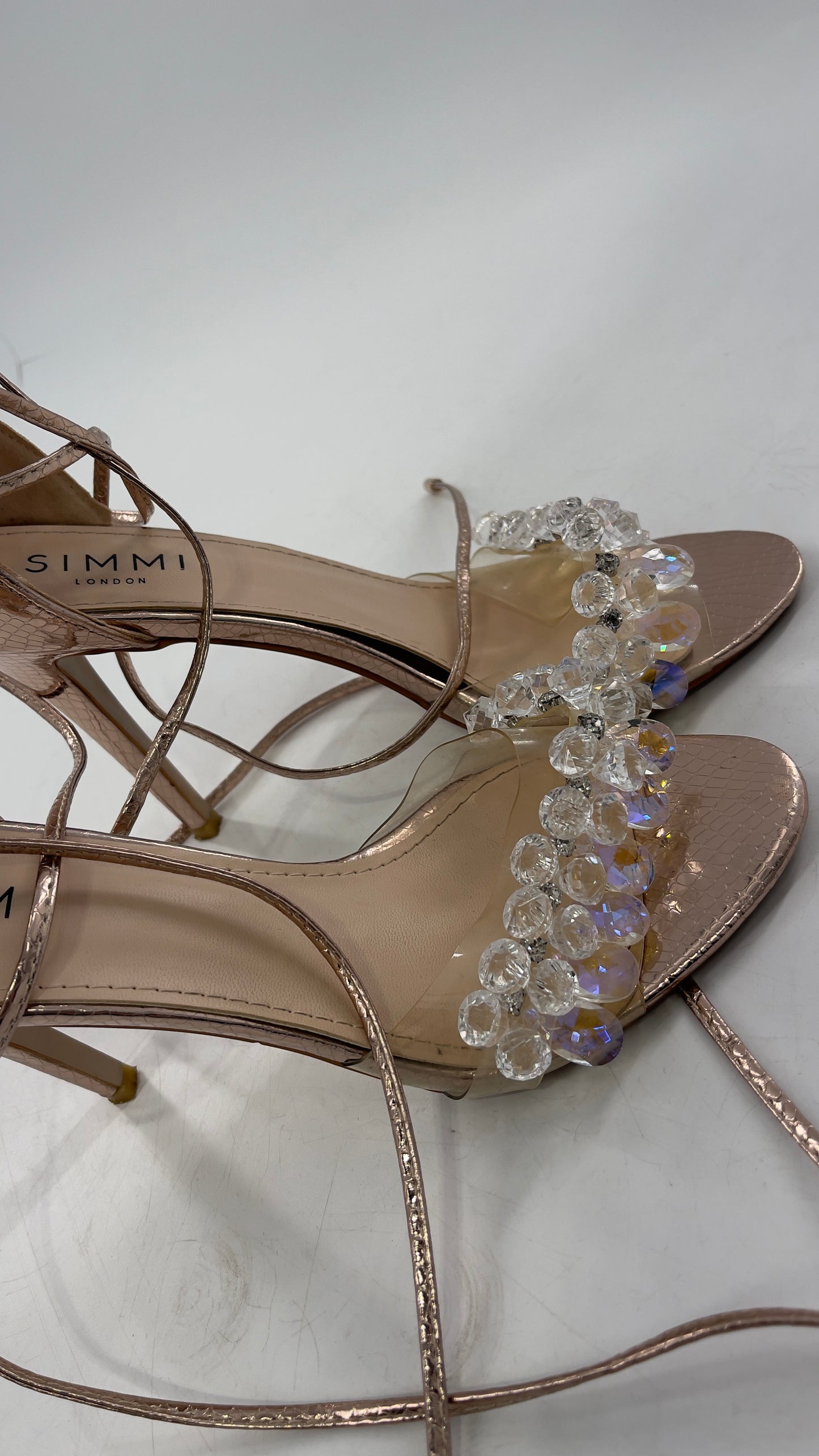 SIMMI LONDON Rose Gold Textured Heels with Clear Toe Strap Covered in Rhinestones/ Crystal Pendants and Tie Up Ankle Straps (7)