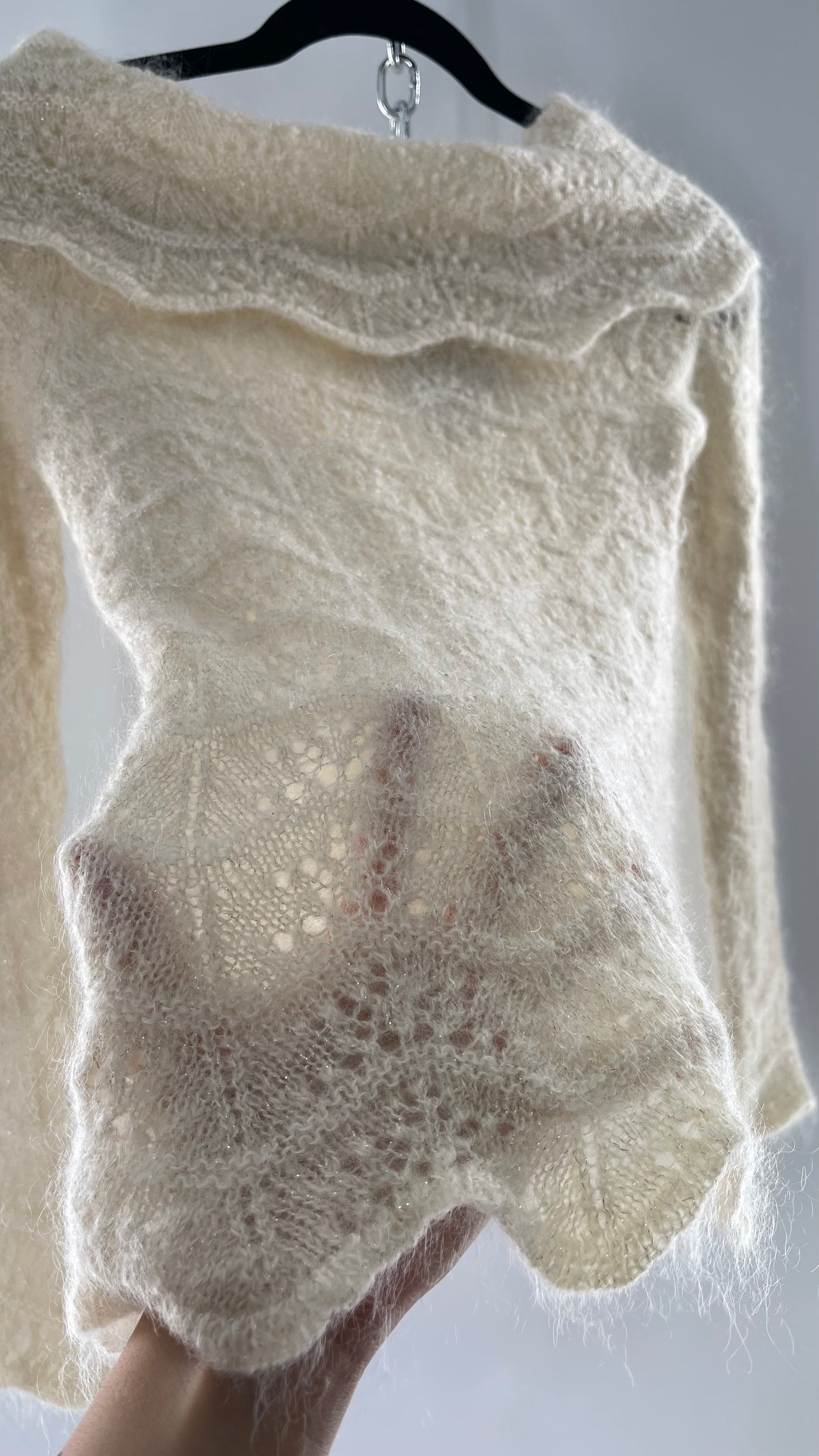 Vintage Ivory Off White Lace Knit Off the Shoulder Sweater Top (Medium)