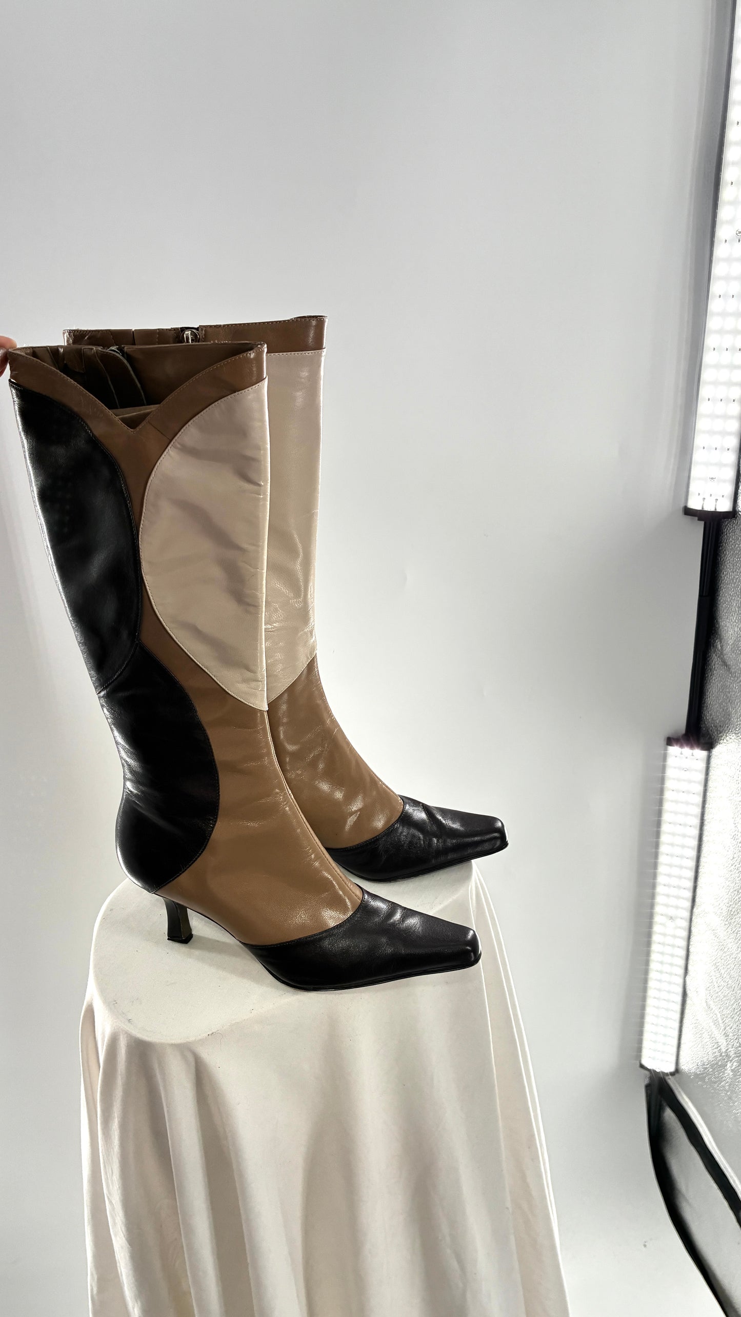 Vintage ANN MARINO Knee High Pointed Toe Abstract Patchwork Boots (6.5)