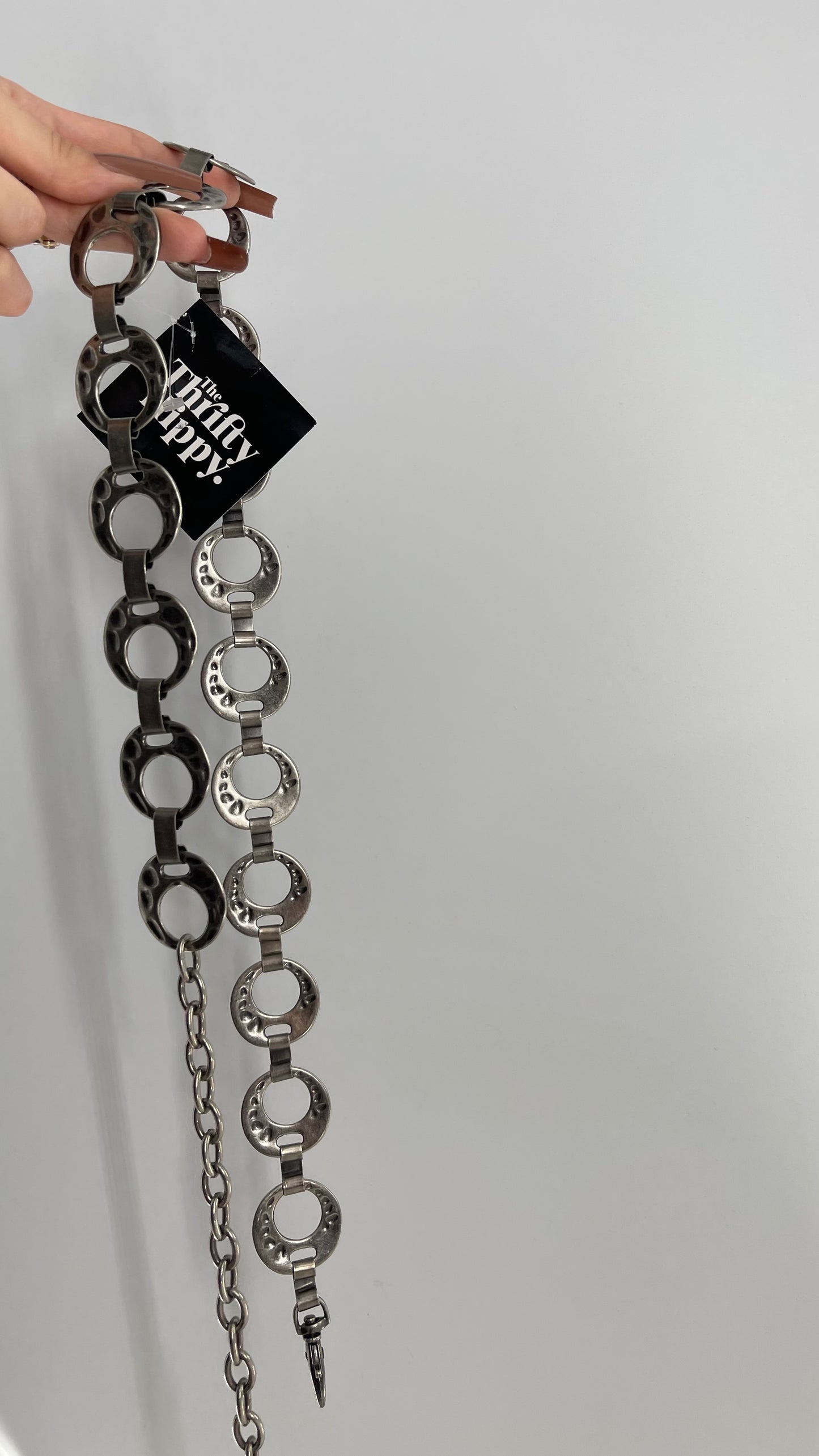 Vintage Dark Silver Hammered Metal Hoop Chainlink Belt (Medium)