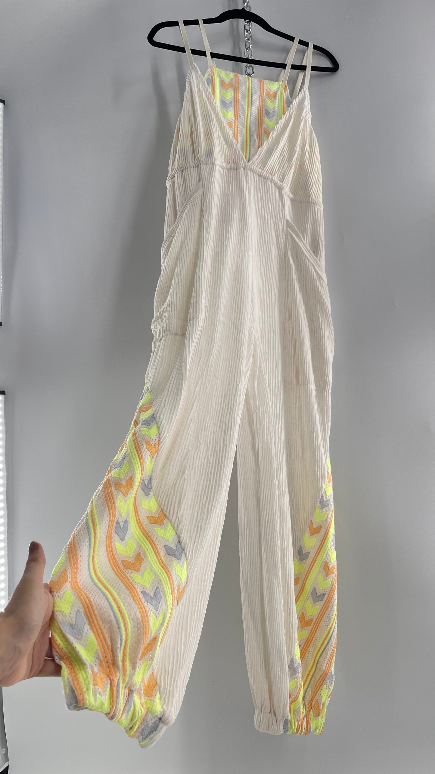 Free People Movement Cream Ribbed Jumpsuit with Yellow/Orange Embroidered Details and Waist Cinching Drawstring (Small)